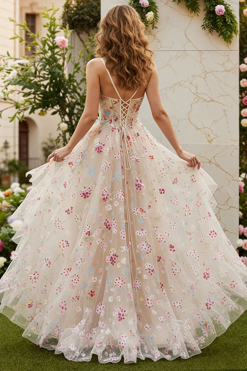 Ivory Flower A Line Corset Ruffled Long Prom Dress with Slit - Image 2