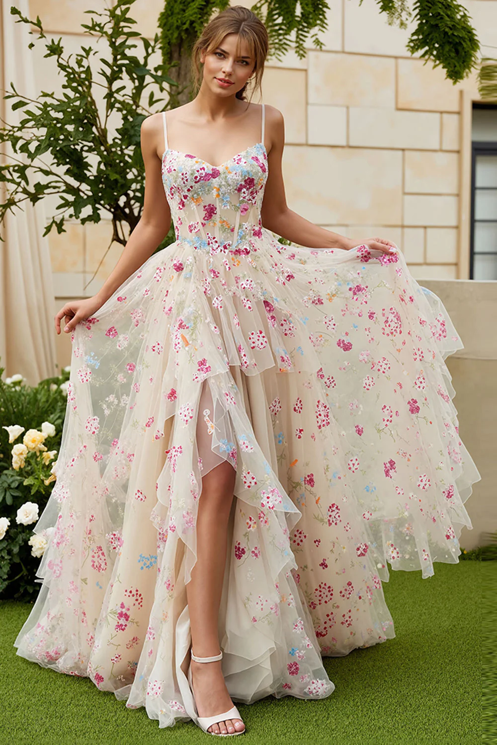 Ivory Flower A Line Corset Ruffled Long Prom Dress with Slit - Image 3