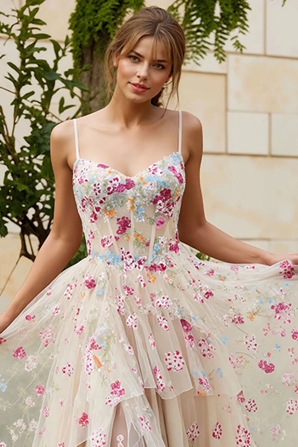 Ivory Flower A Line Corset Ruffled Long Prom Dress with Slit - Image 5