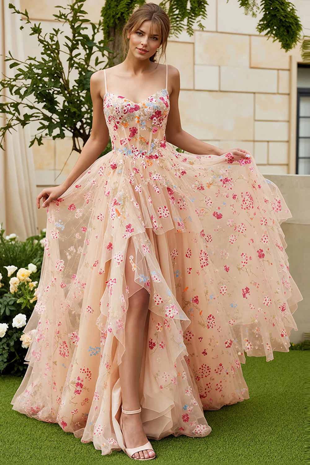 Ivory Flower A Line Corset Ruffled Long Prom Dress with Slit - Image 8