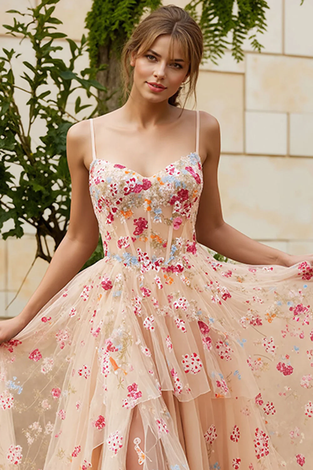Ivory Flower A Line Corset Ruffled Long Prom Dress with Slit - Image 9