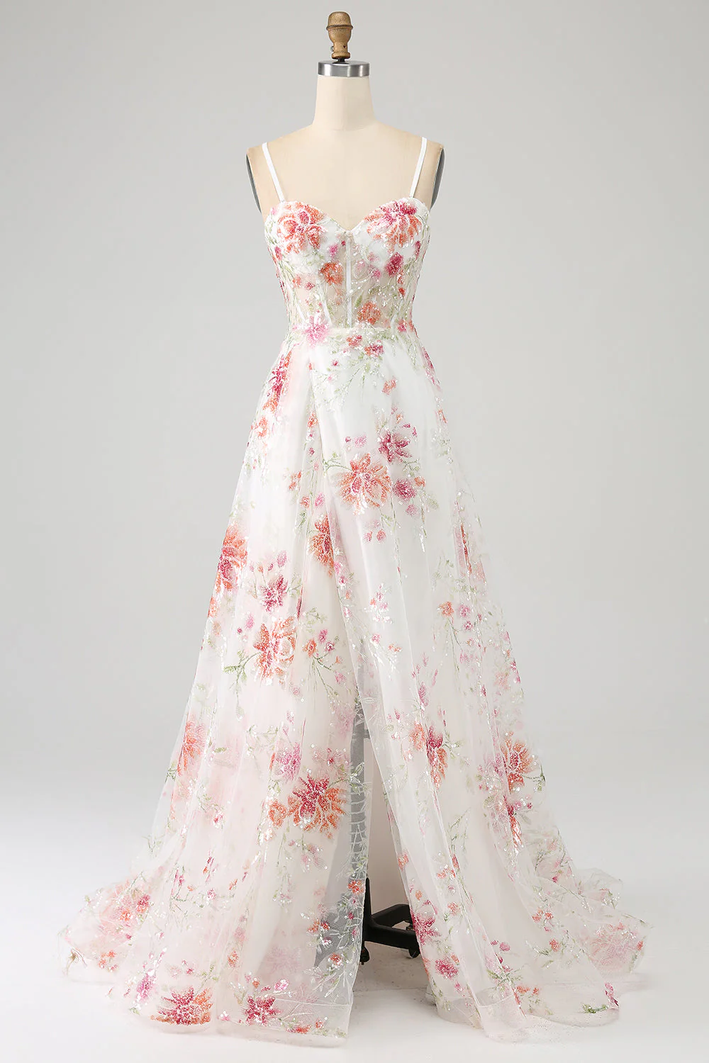 Ivory Flower A Line Sweetheart Embroidered Corset Long Prom Dress with Slit - Image 3