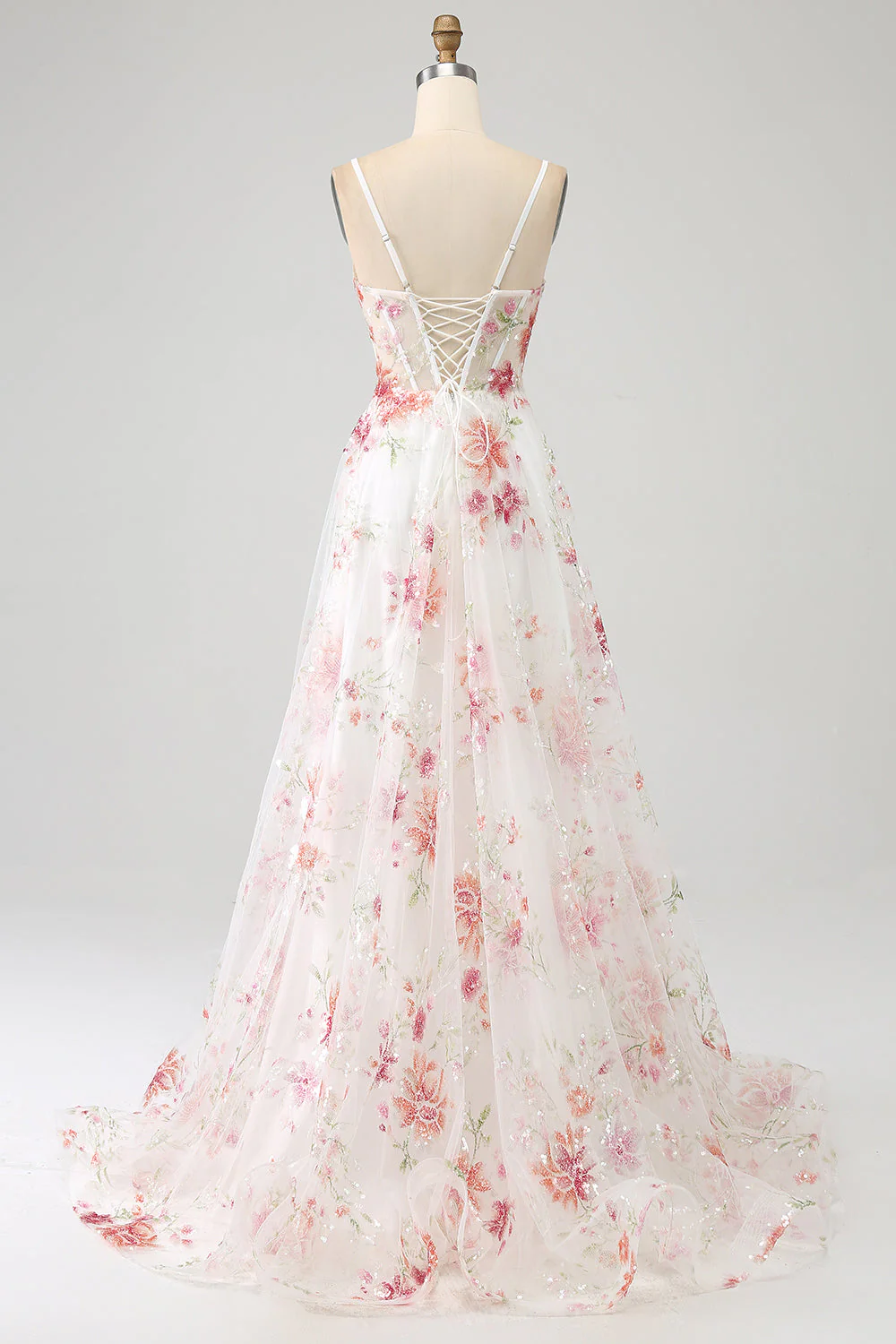 Ivory Flower A Line Sweetheart Embroidered Corset Long Prom Dress with Slit - Image 4