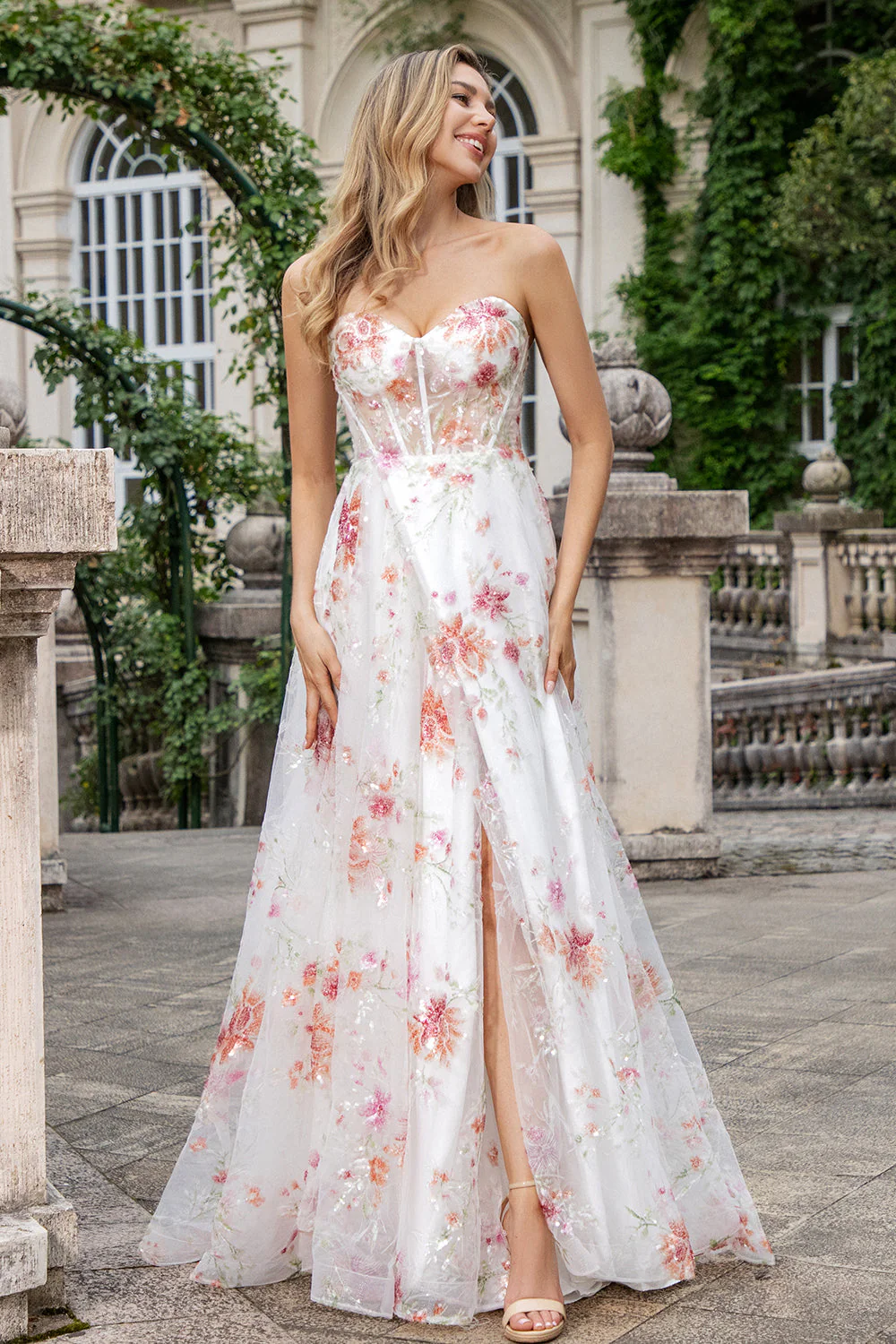 Ivory Flower A Line Sweetheart Embroidered Corset Long Prom Dress with Slit - Image 6