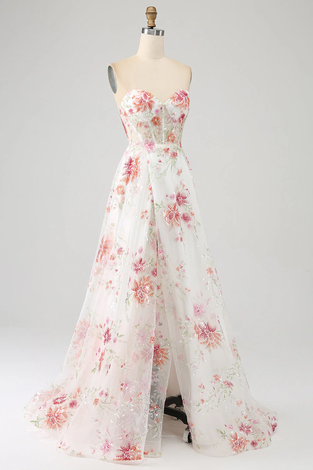 Ivory Flower Embroidered Long Corset Prom Dress with Slit - Image 5
