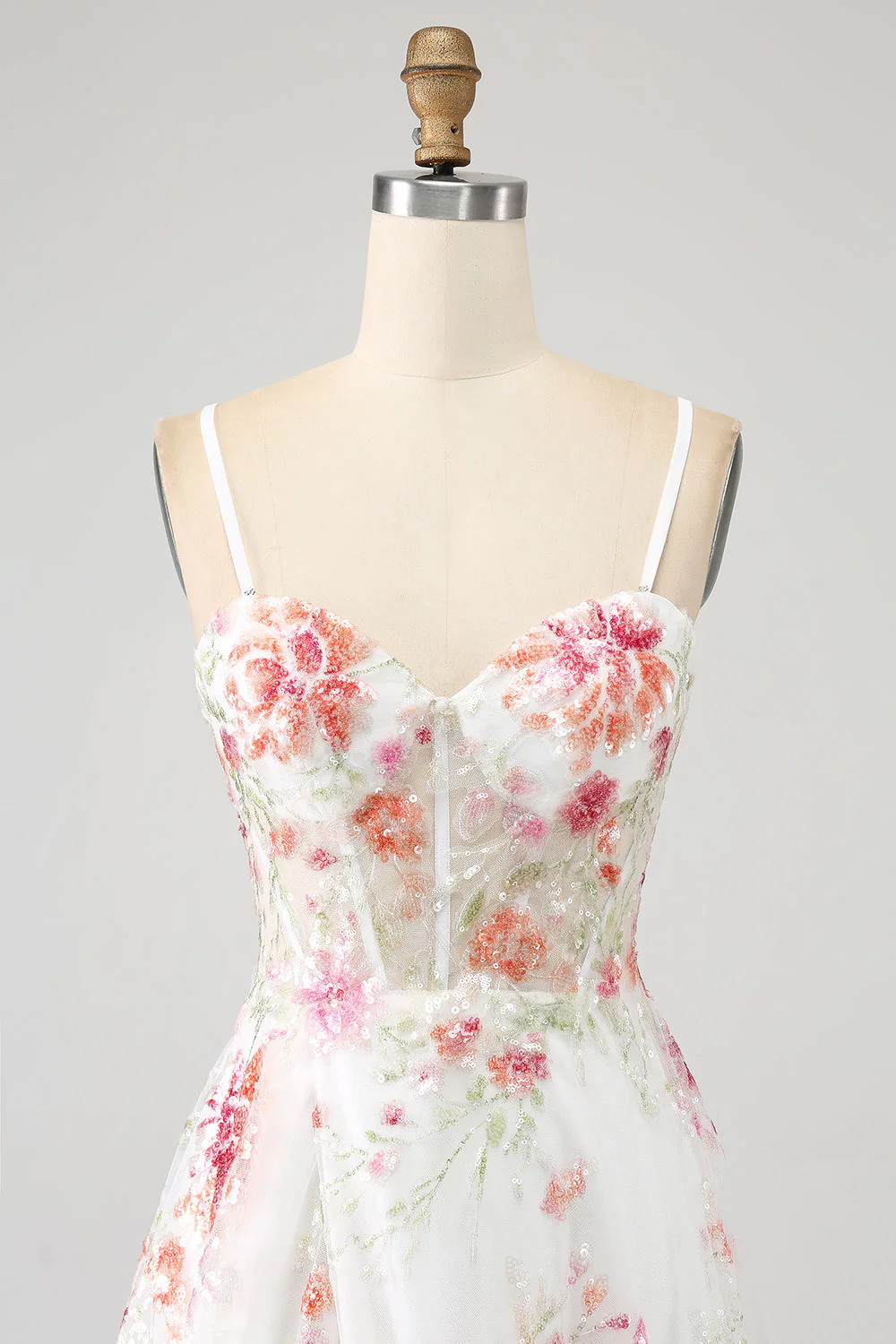 Ivory Flower Embroidered Long Corset Prom Dress with Slit - Image 6