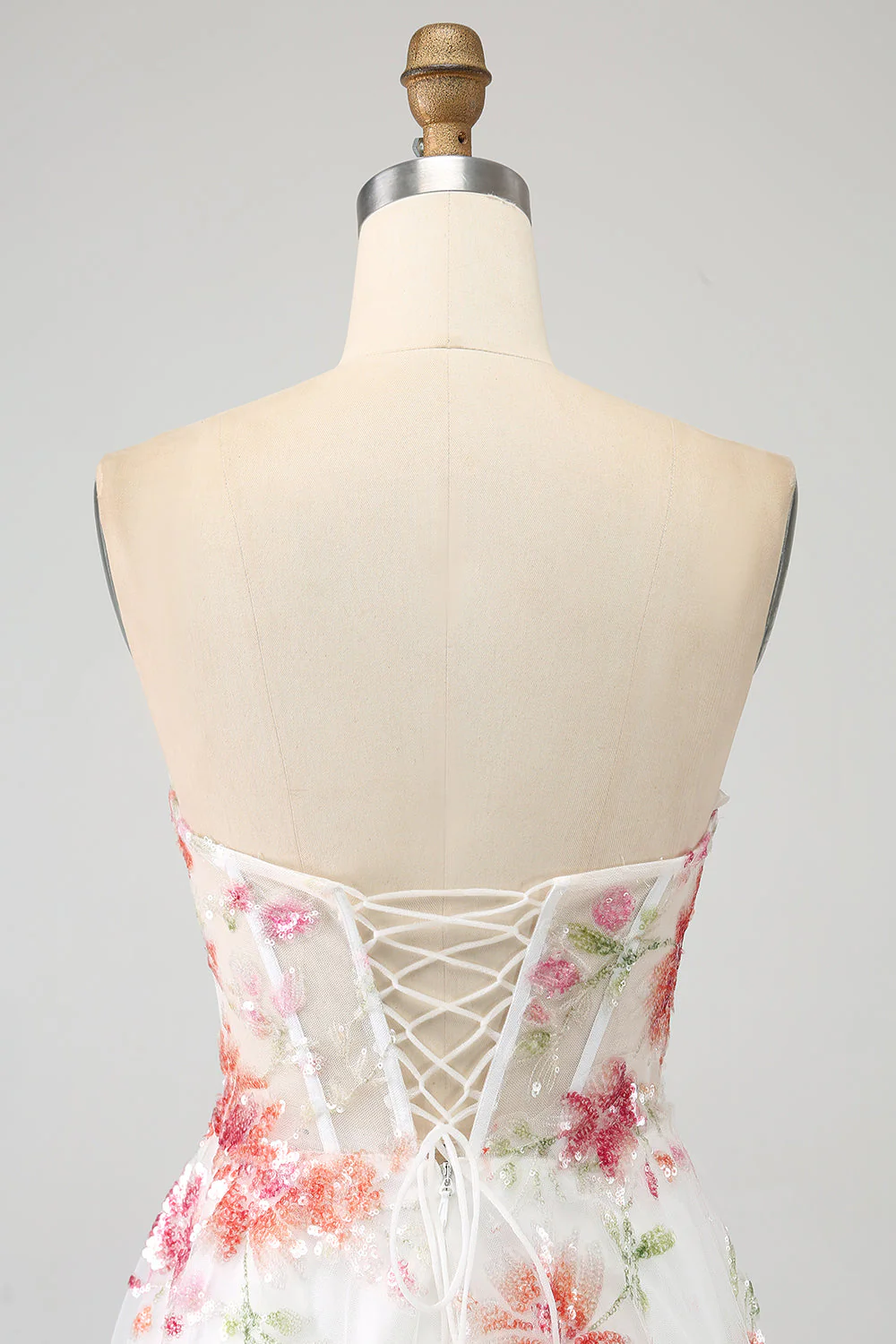 Ivory Flower Embroidered Long Corset Prom Dress with Slit - Image 7