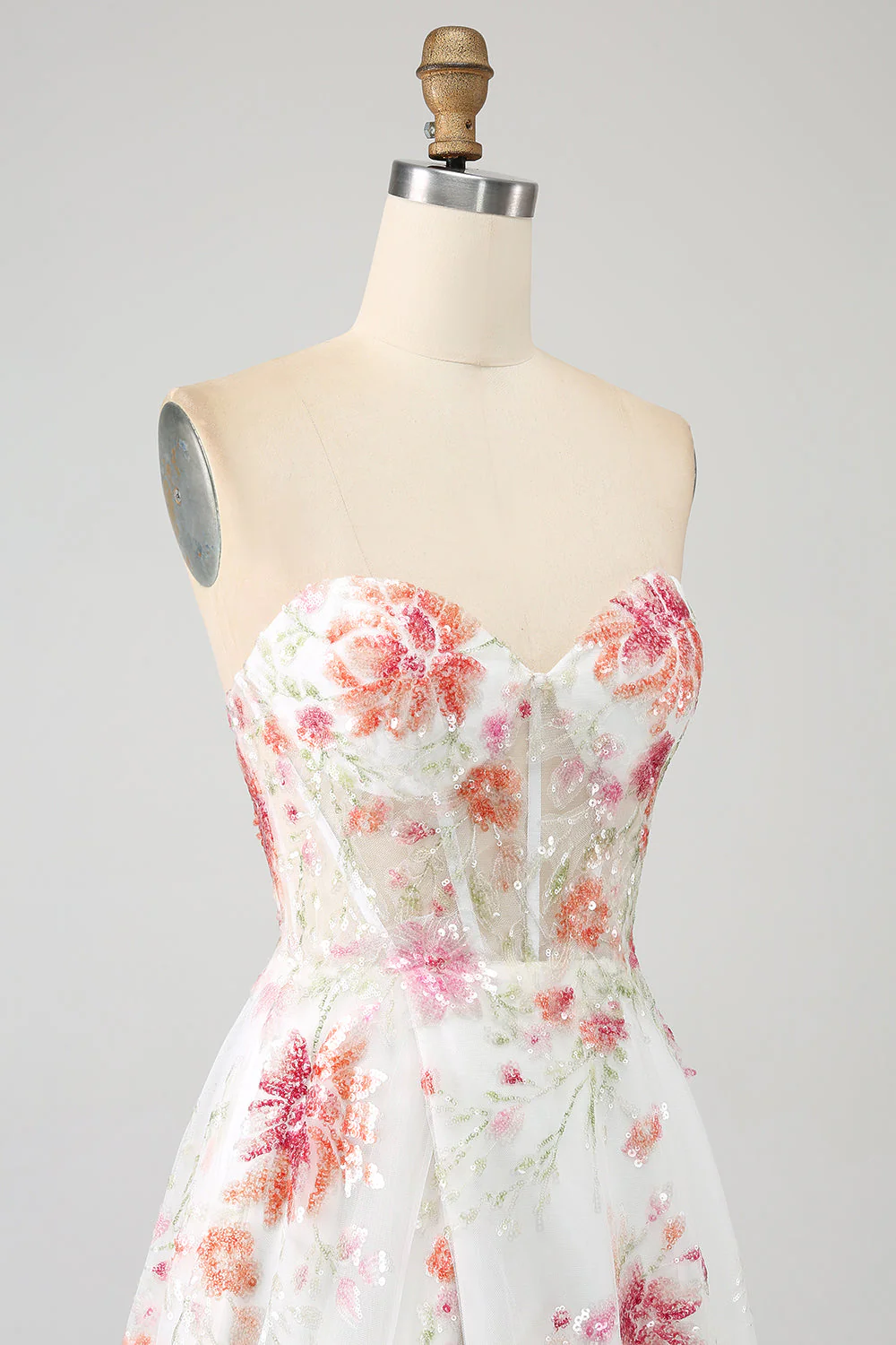 Ivory Flower Embroidered Long Corset Prom Dress with Slit - Image 8