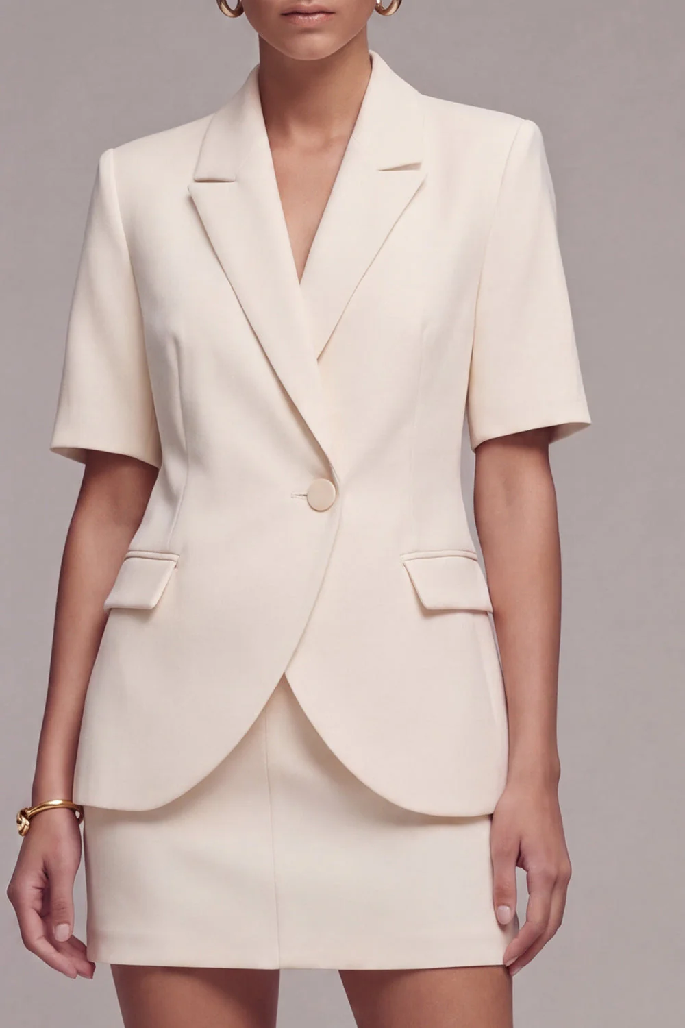 Ivory Half Sleeves 2 Piece Peak Lapel Single Breasted Work Dress - Image 3