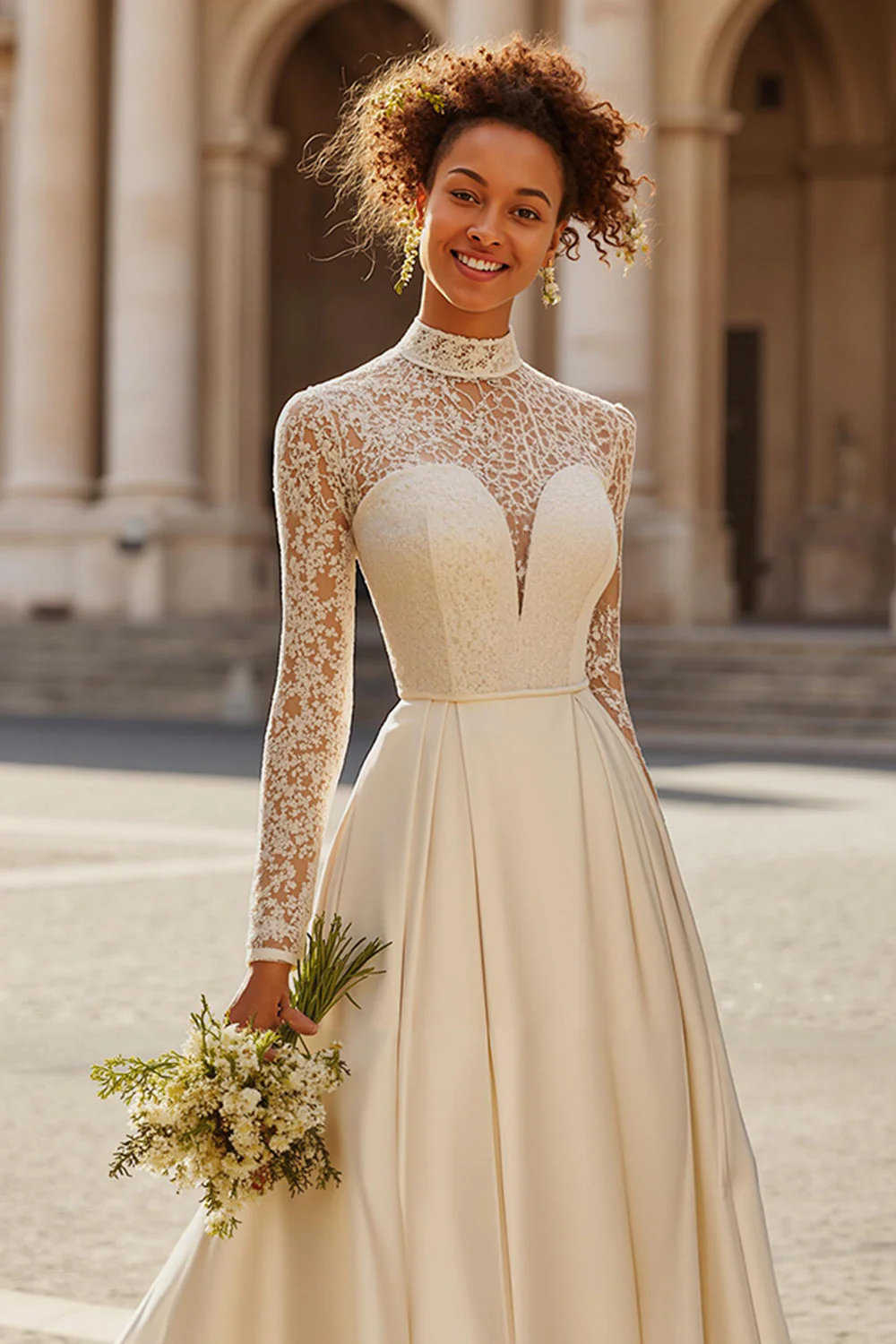 Ivory High Neck A Line Sweep Train Vintage Wedding Dress with Sleeves - Image 2