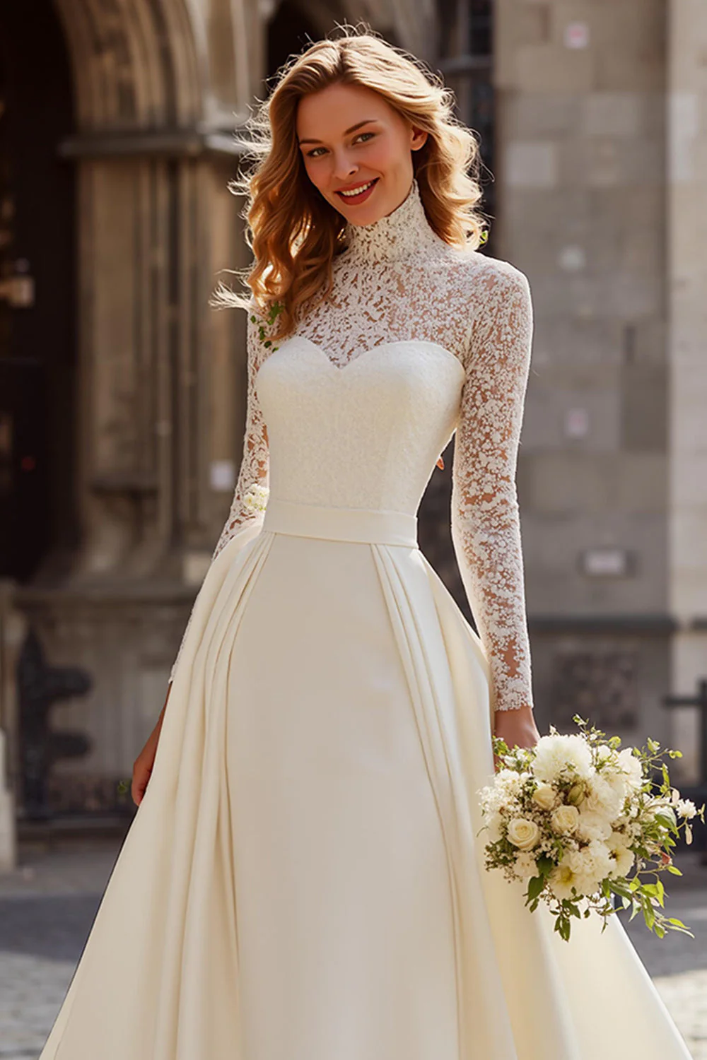 Ivory High Neck Sweep Train A Line Wedding Dress with Lace - Image 2