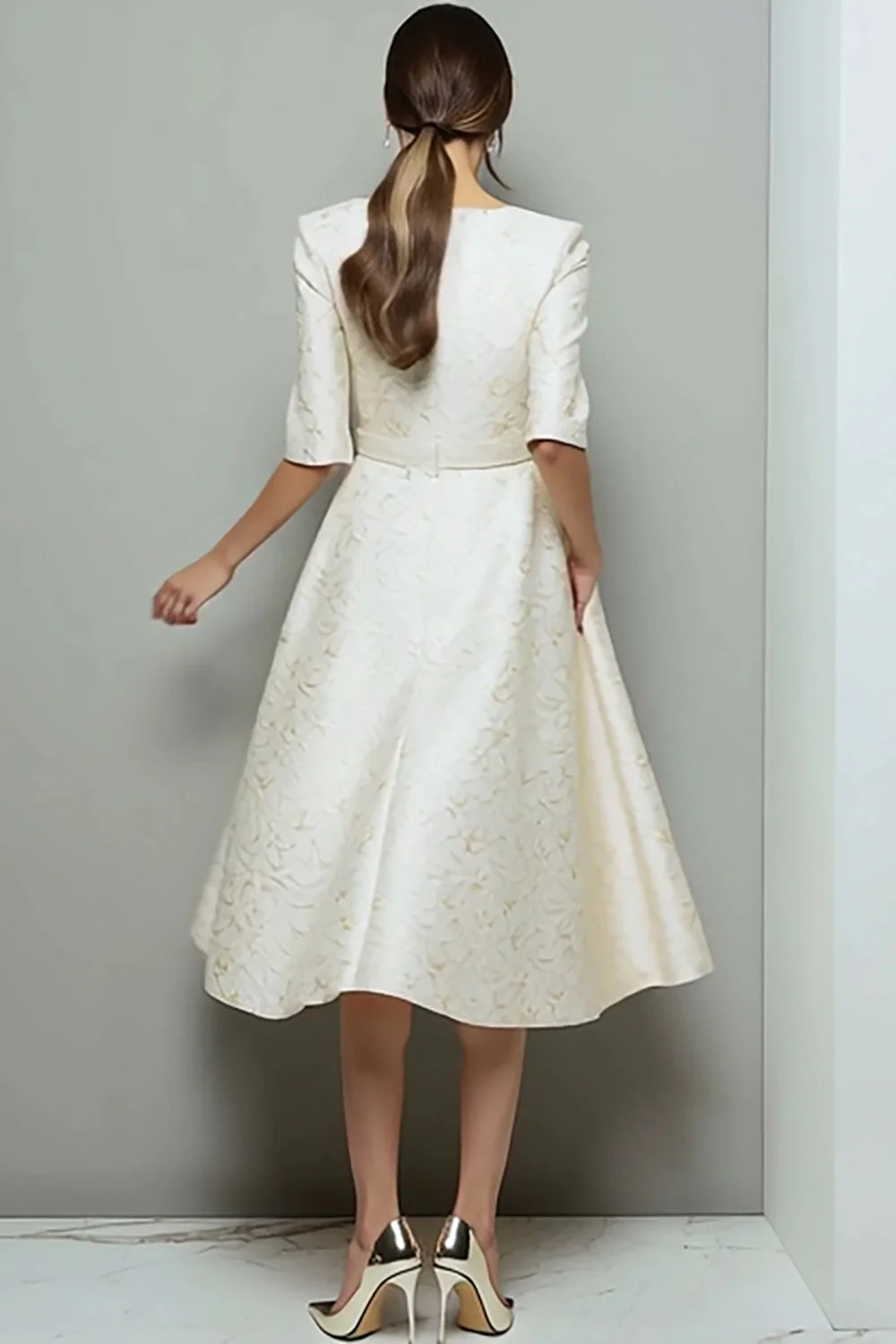 Ivory Jacquard A Line Midi Work Dress with Belt - Image 2