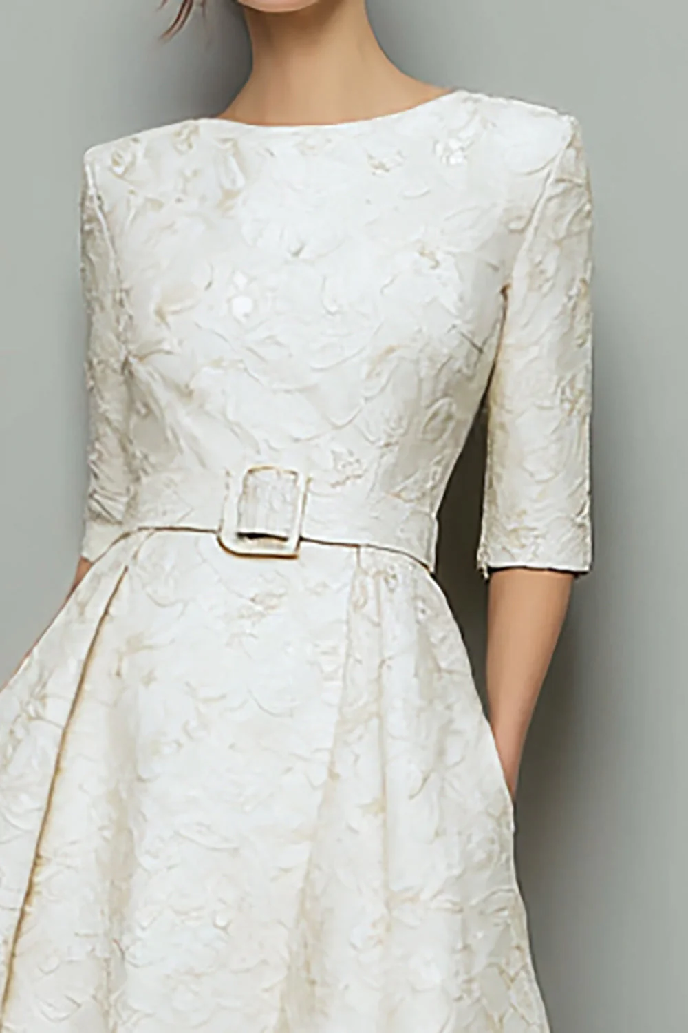 Ivory Jacquard A Line Midi Work Dress with Belt - Image 3