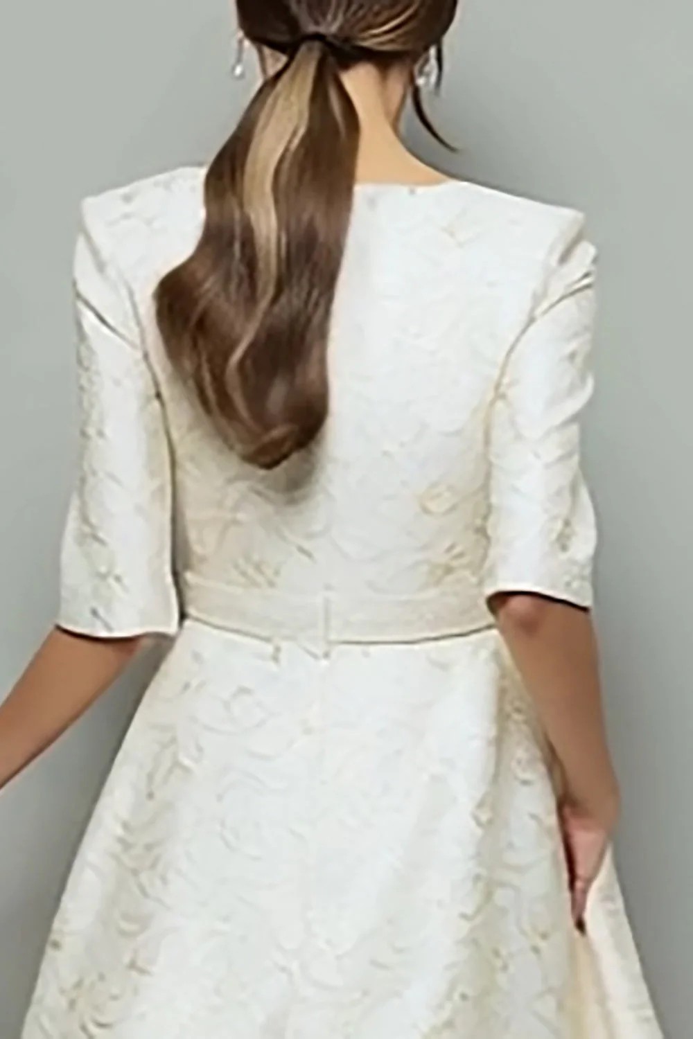 Ivory Jacquard A Line Midi Work Dress with Belt - Image 4