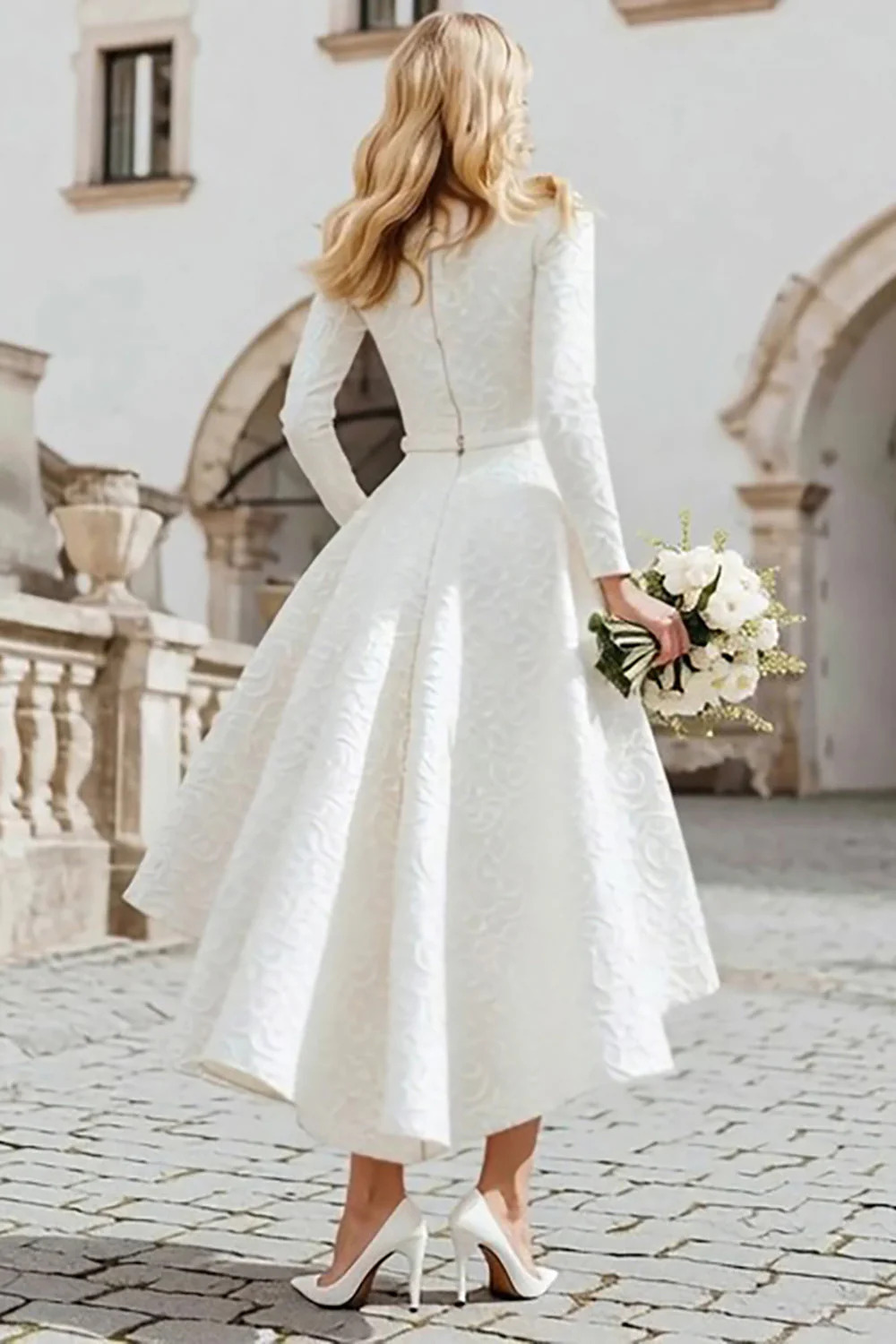 Ivory Jacquard Boat Neck A Line Registry Office Wedding Dress - Image 2