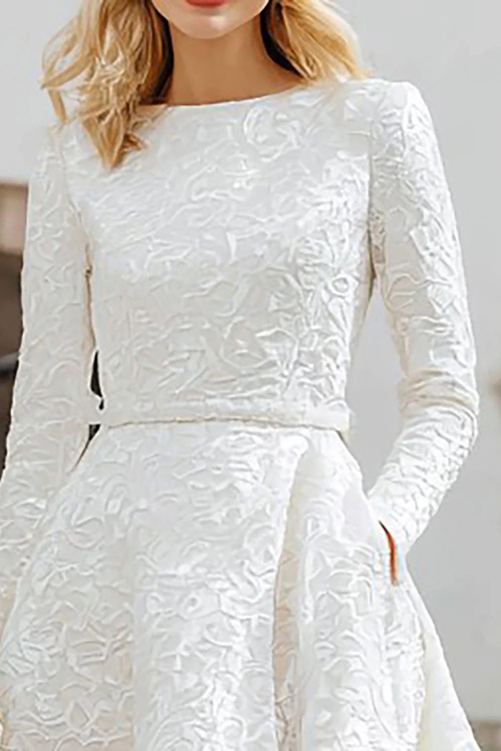 Ivory Jacquard Boat Neck A Line Registry Office Wedding Dress - Image 3