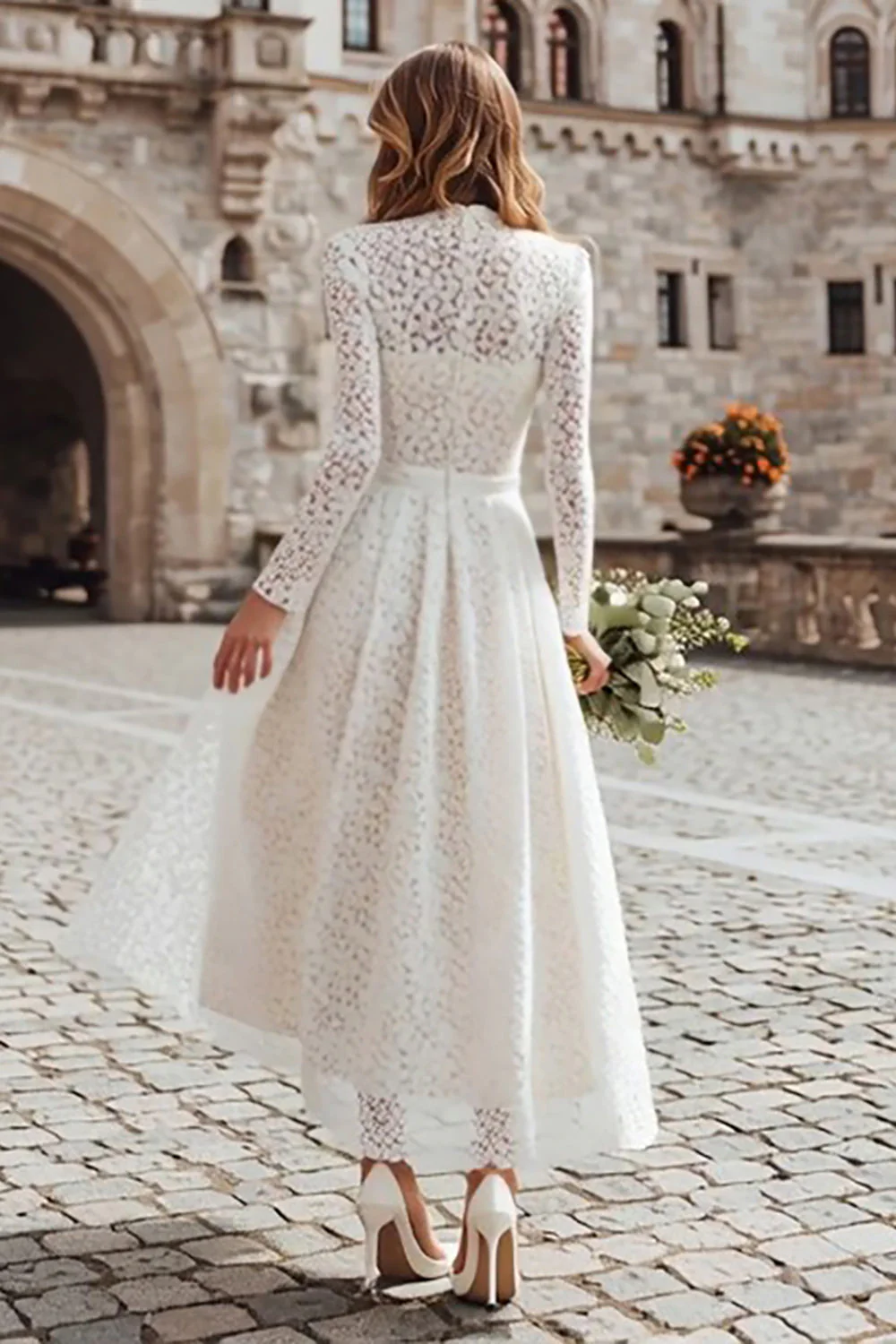Ivory Lace A Line High Neck Rehearsal Dinner Dress - Image 2