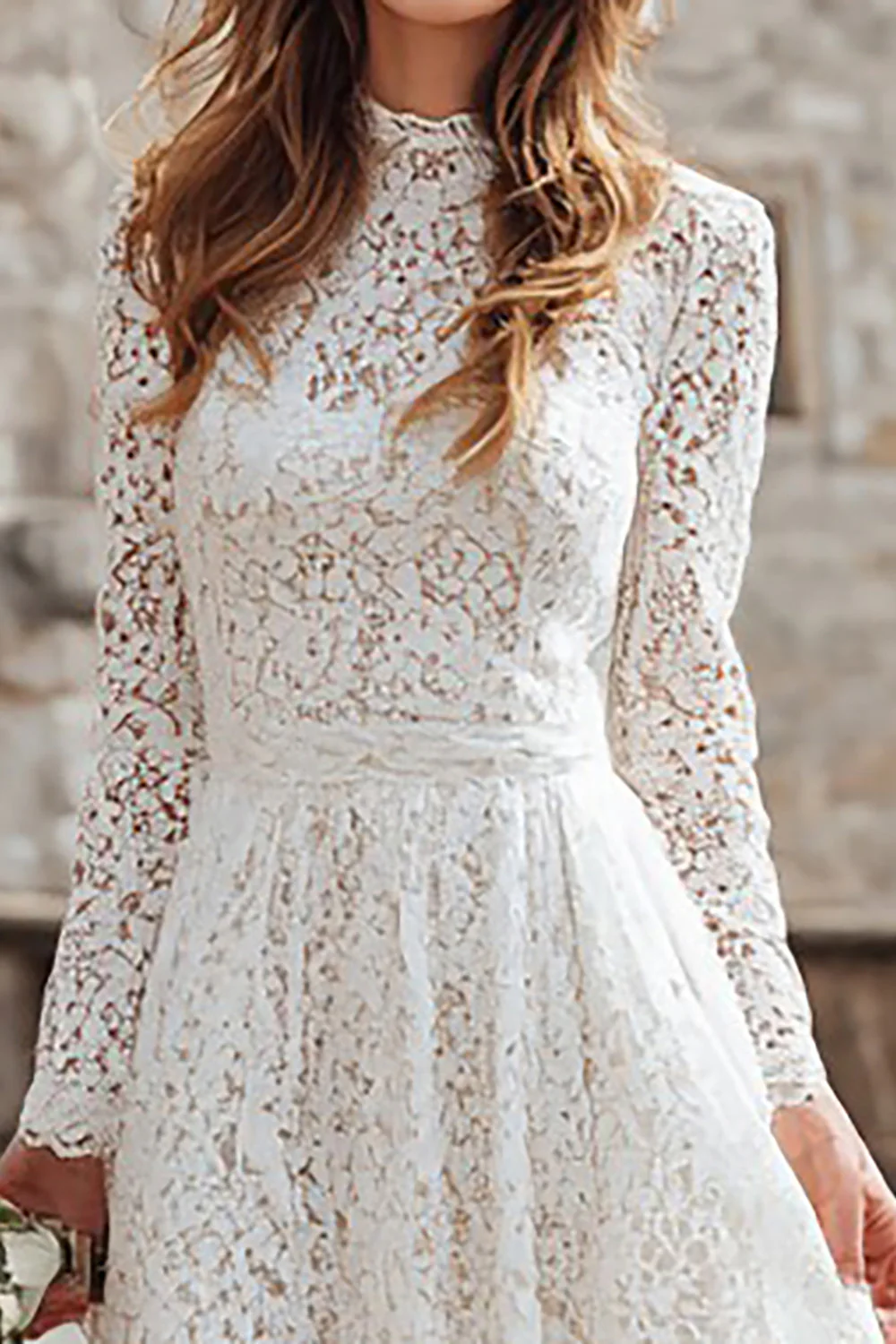 Ivory Lace A Line High Neck Rehearsal Dinner Dress - Image 3