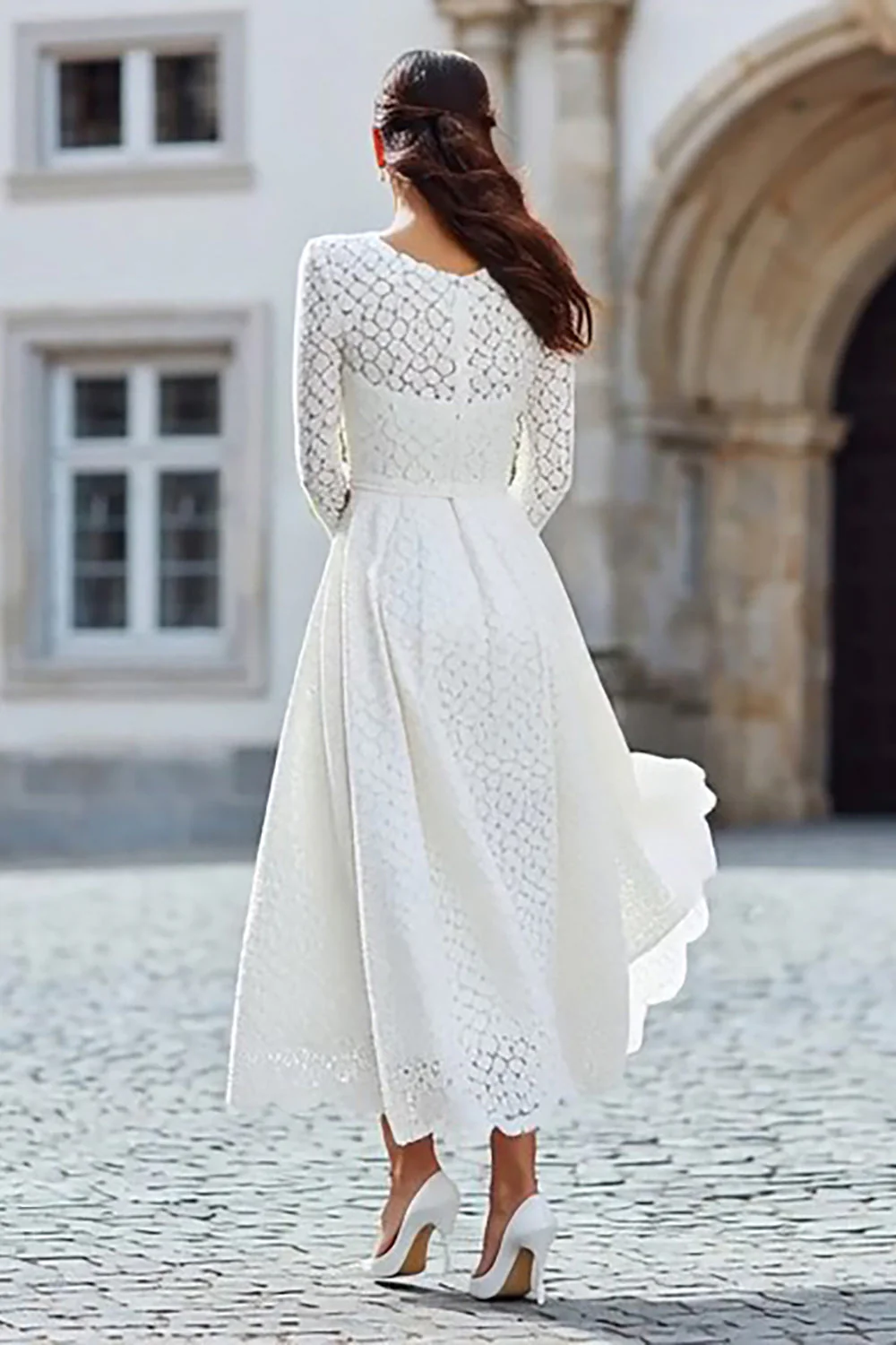 Ivory Lace A Line Long Wedding Reception Dress with Long Sleeves - Image 2