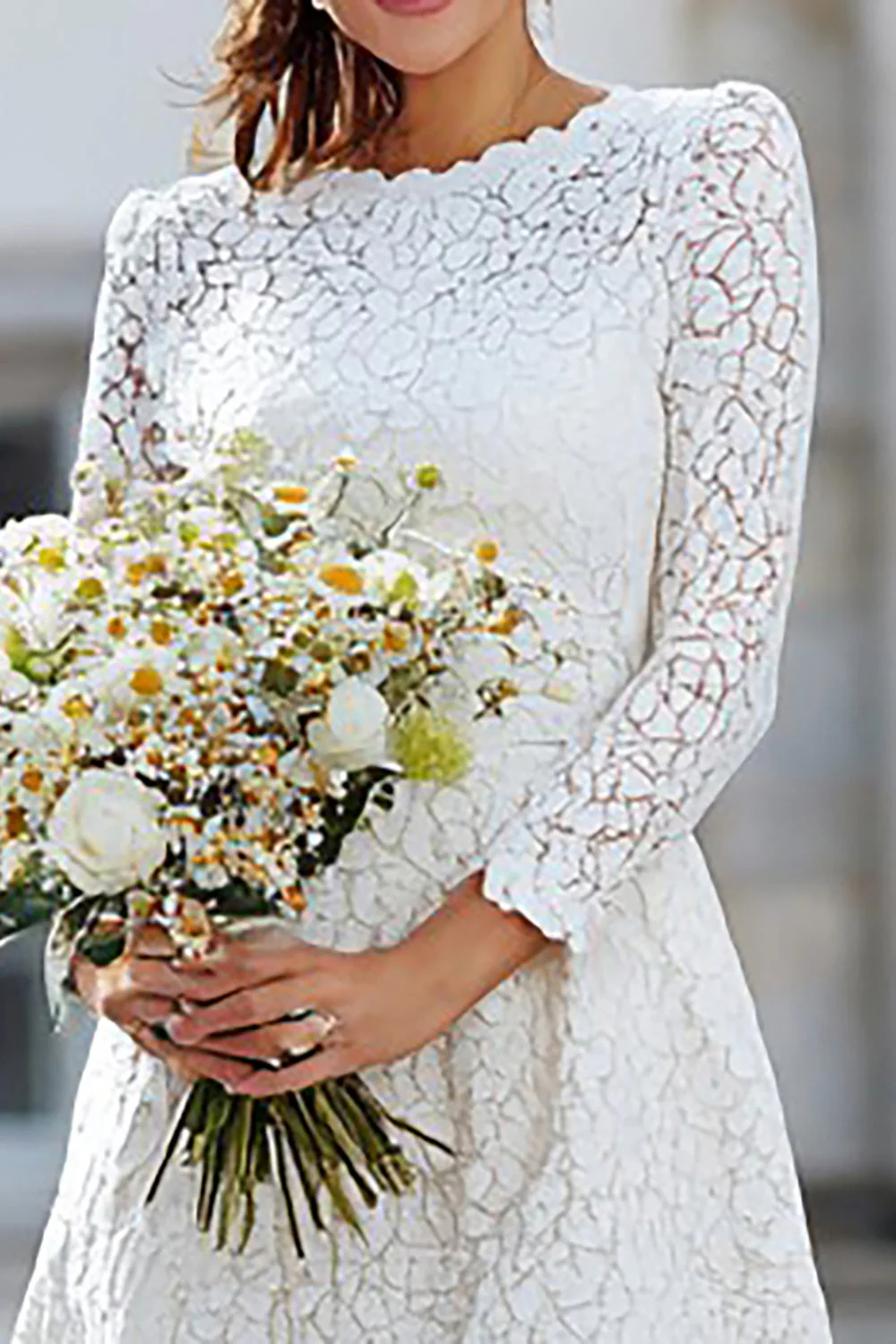 Ivory Lace A Line Long Wedding Reception Dress with Long Sleeves - Image 3