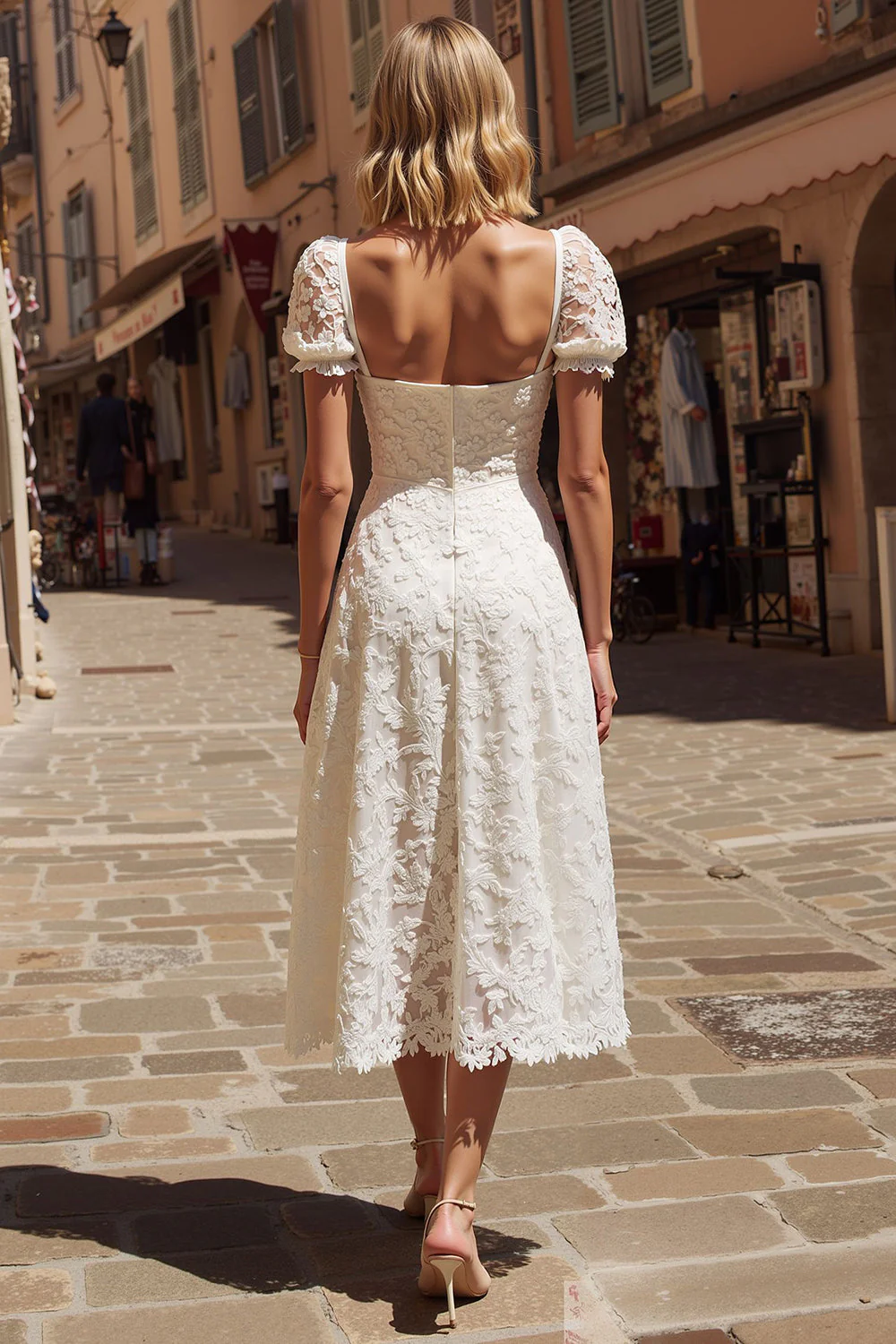 Ivory Lace A Line Midi Wedding Dress with Cap Sleeves - Image 2