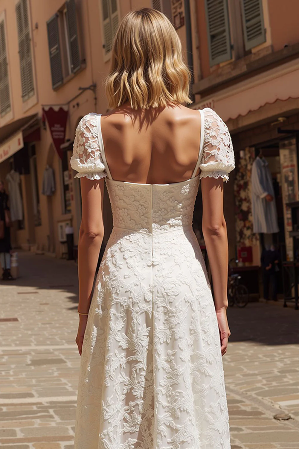 Ivory Lace A Line Midi Wedding Dress with Cap Sleeves - Image 4