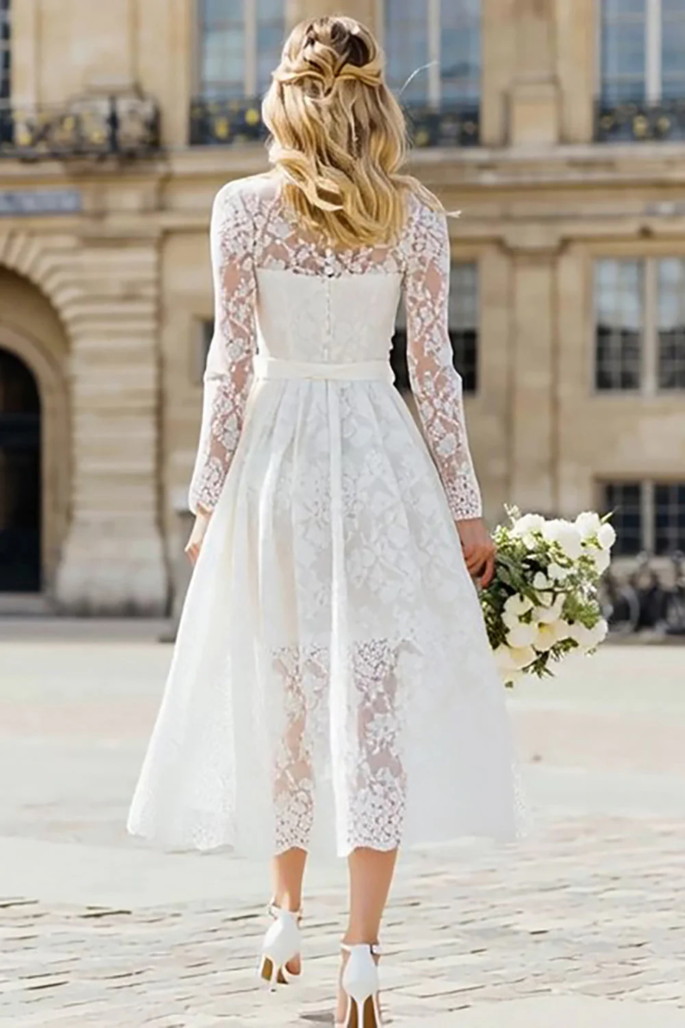Ivory Lace A Line Round Neck Tea Length Engagement Dress with Bows - Image 2