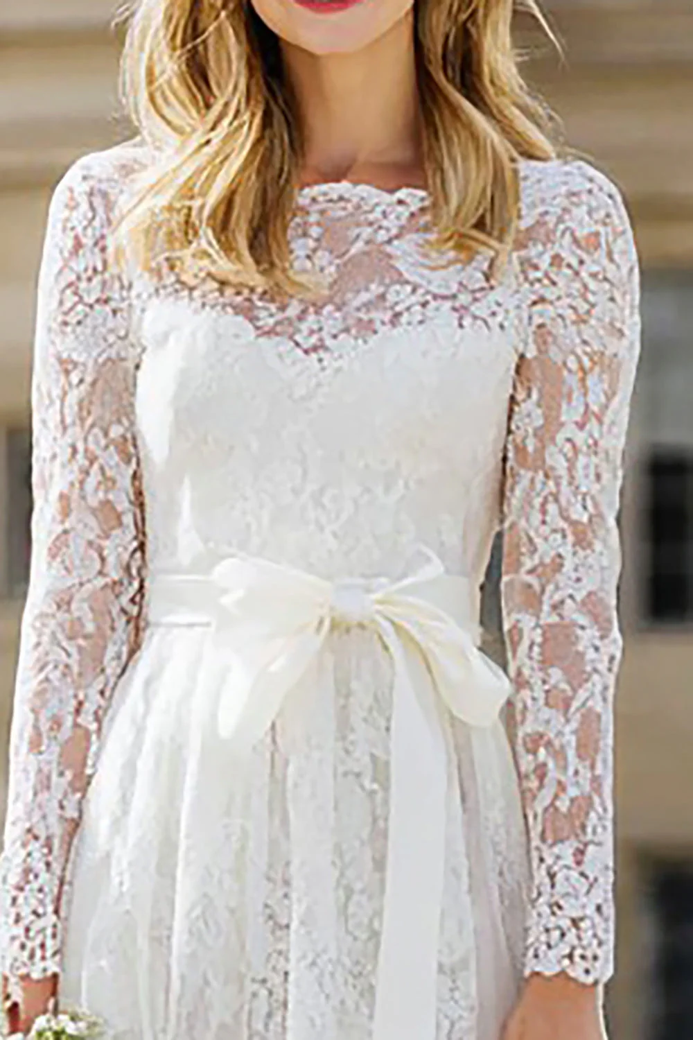 Ivory Lace A Line Round Neck Tea Length Engagement Dress with Bows - Image 3