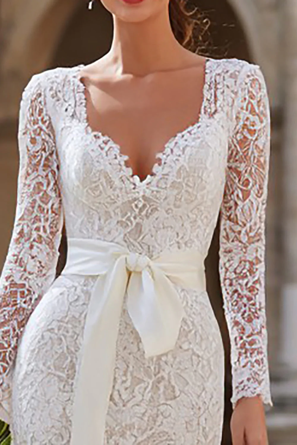 Ivory Lace Bodycon Long Sleeve Midi Engagement Dress with Sash - Image 3