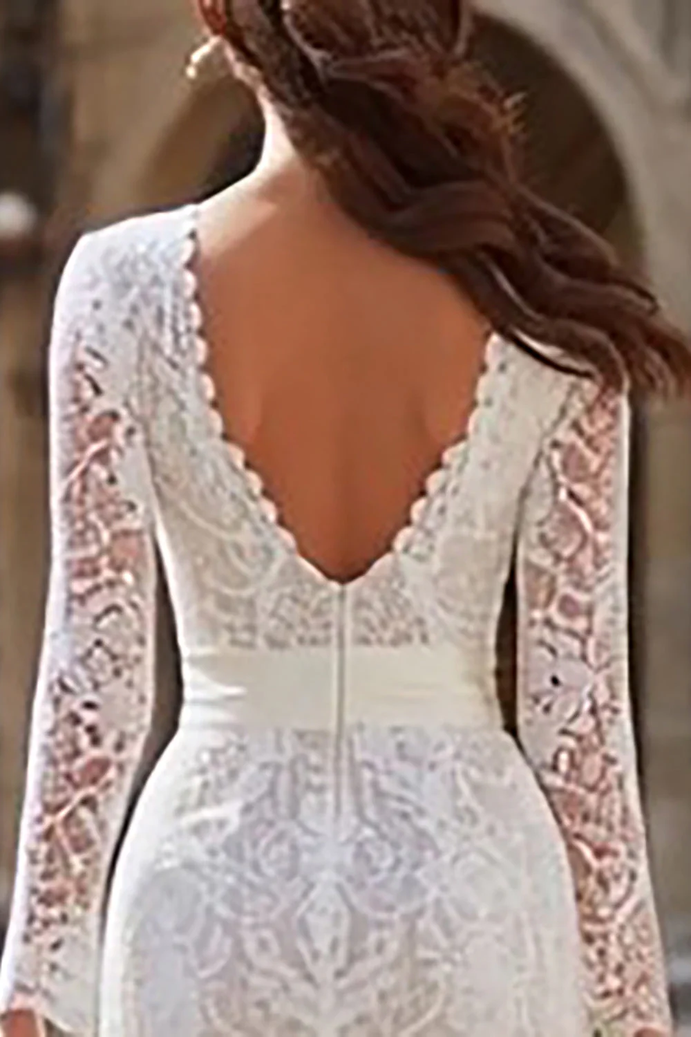 Ivory Lace Bodycon Long Sleeve Midi Engagement Dress with Sash - Image 4