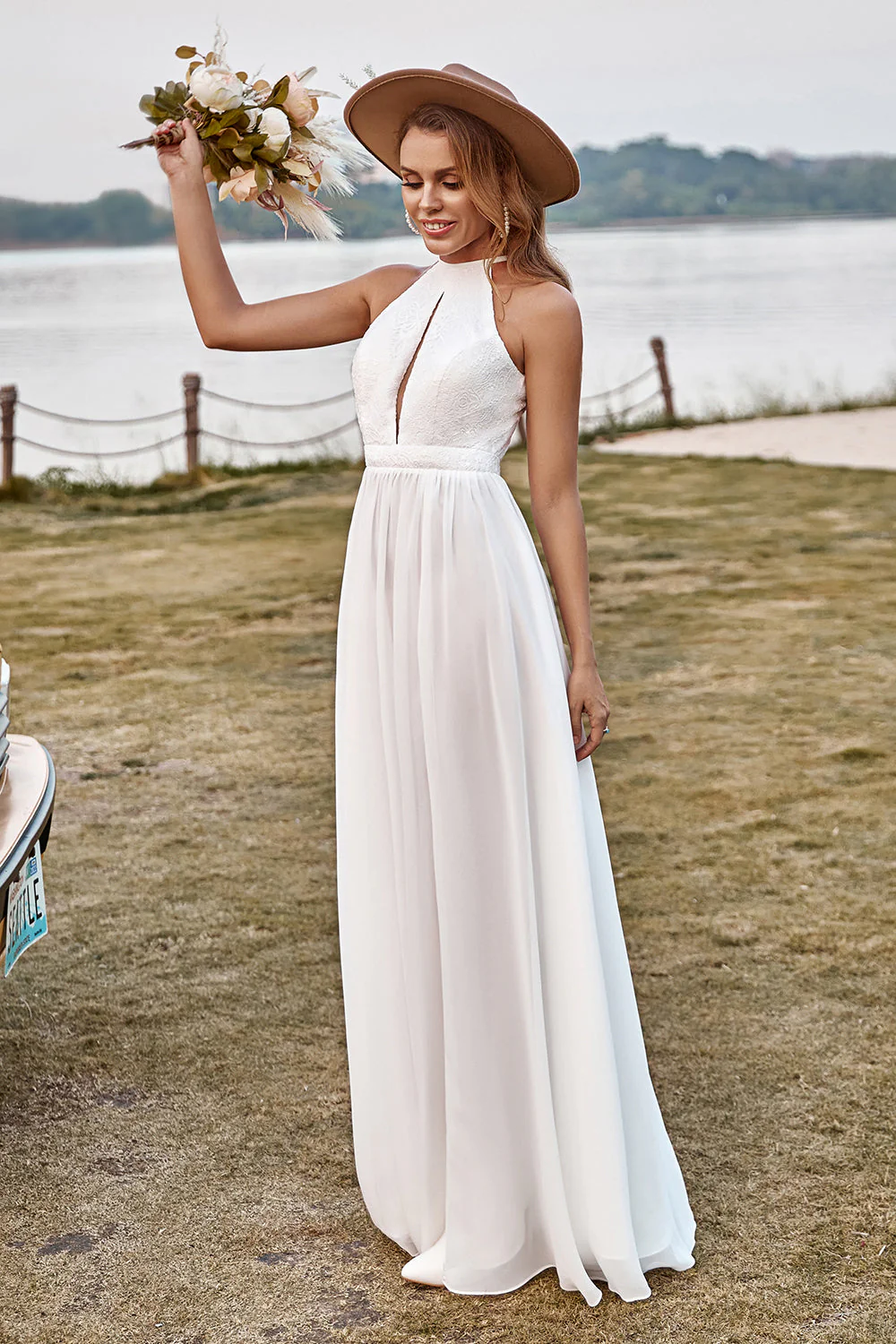 Ivory Lace Chiffon Halter Boho Wedding Dress With Slit - Image 3