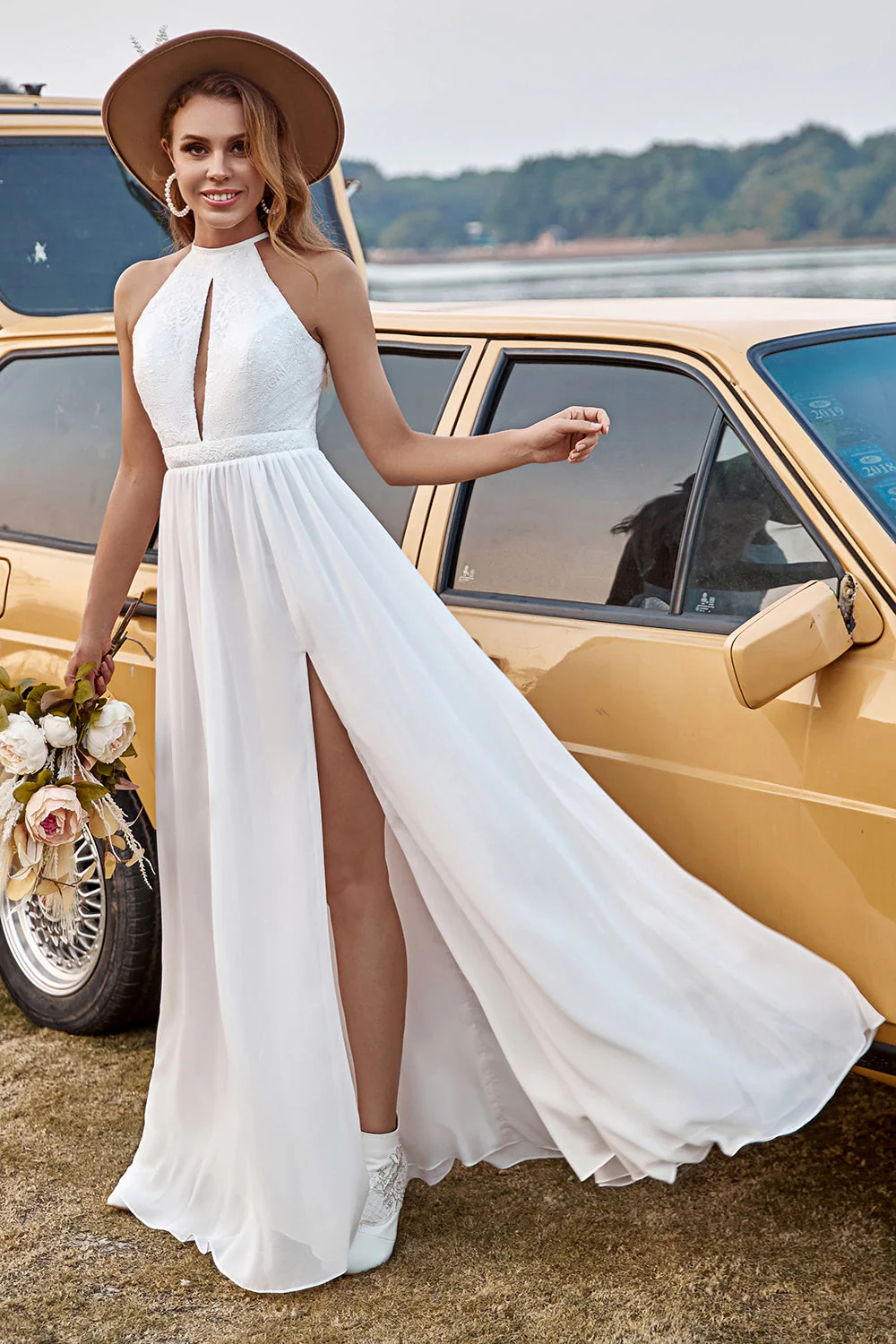 Ivory Lace Chiffon Halter Boho Wedding Dress With Slit - Image 4