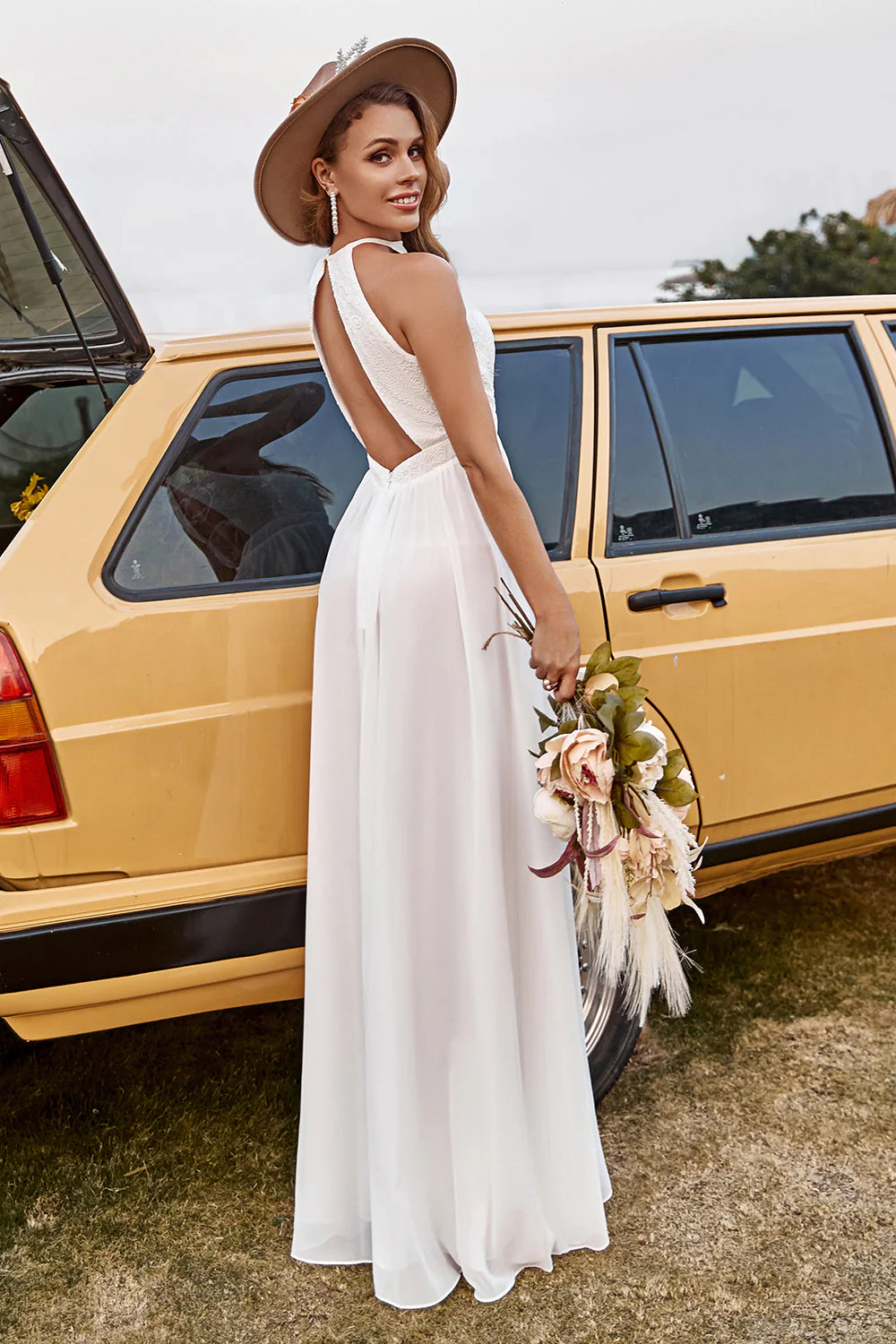 Ivory Lace Chiffon Halter Boho Wedding Dress With Slit - Image 6