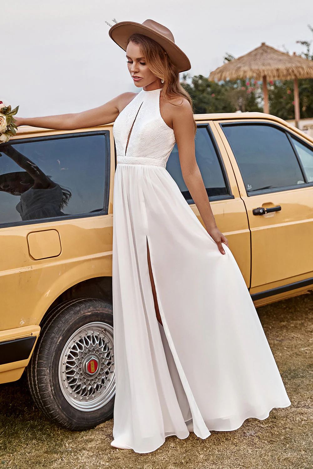 Ivory Lace Chiffon Halter Boho Wedding Dress With Slit - Image 8