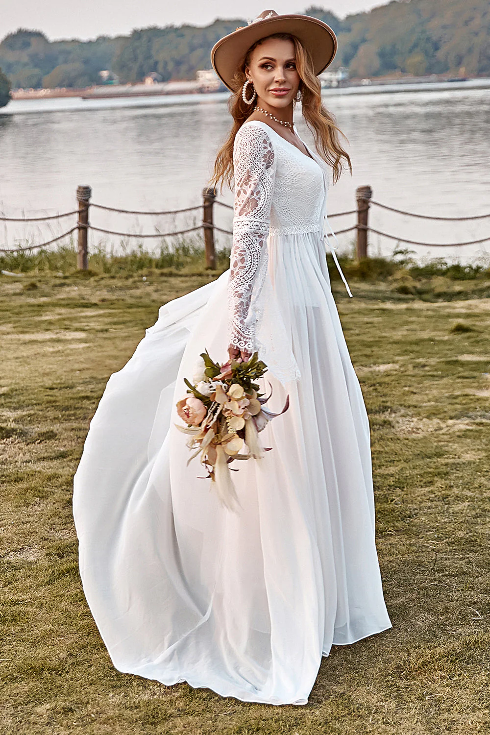 Ivory Lace Chiffon Trumpet Sleeve Boho Wedding Dress - Image 3