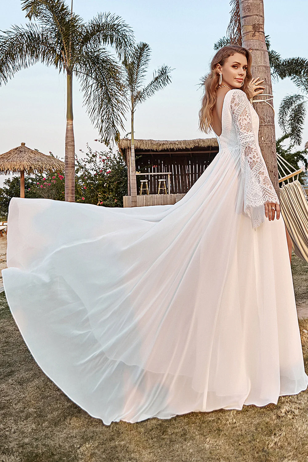 Ivory Lace Chiffon Trumpet Sleeve Boho Wedding Dress - Image 4