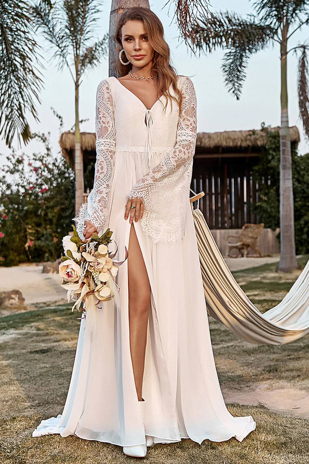 Ivory Lace Chiffon Trumpet Sleeve Boho Wedding Dress - Image 6