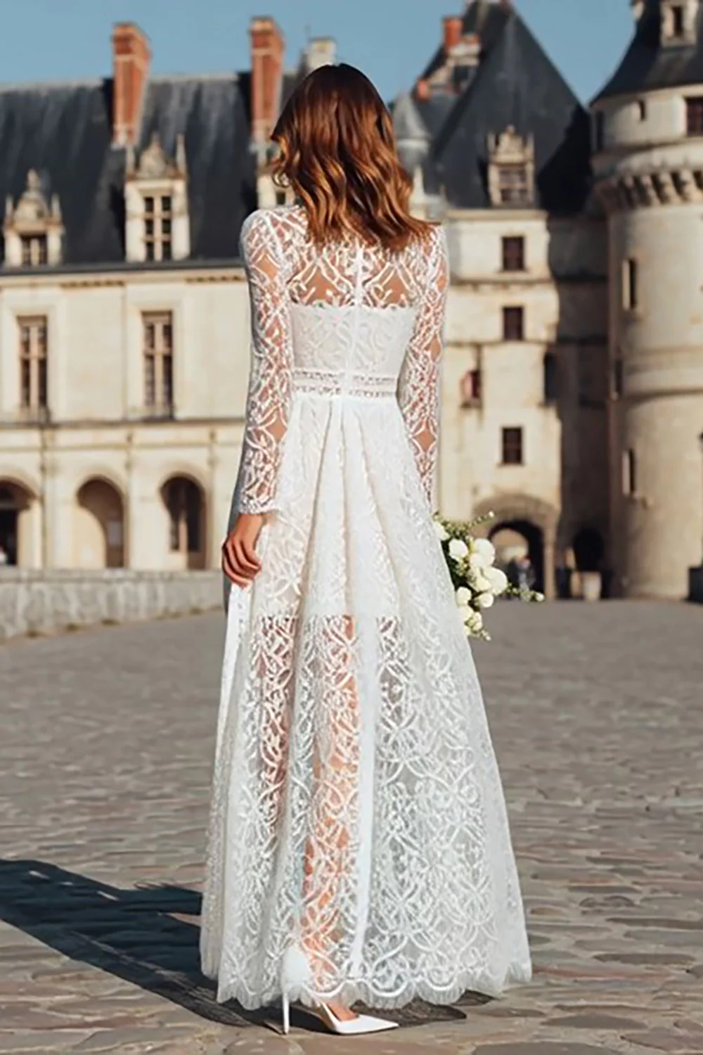 Ivory Lace High Neck Long Sleeve Engagement Dress - Image 2