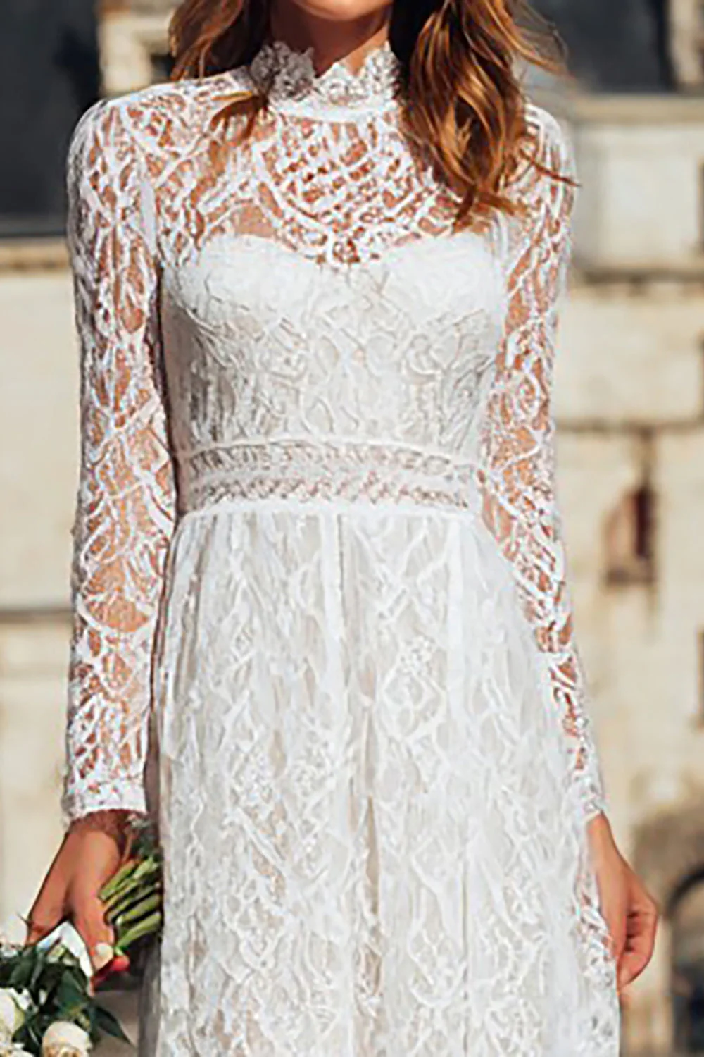 Ivory Lace High Neck Long Sleeve Engagement Dress - Image 3