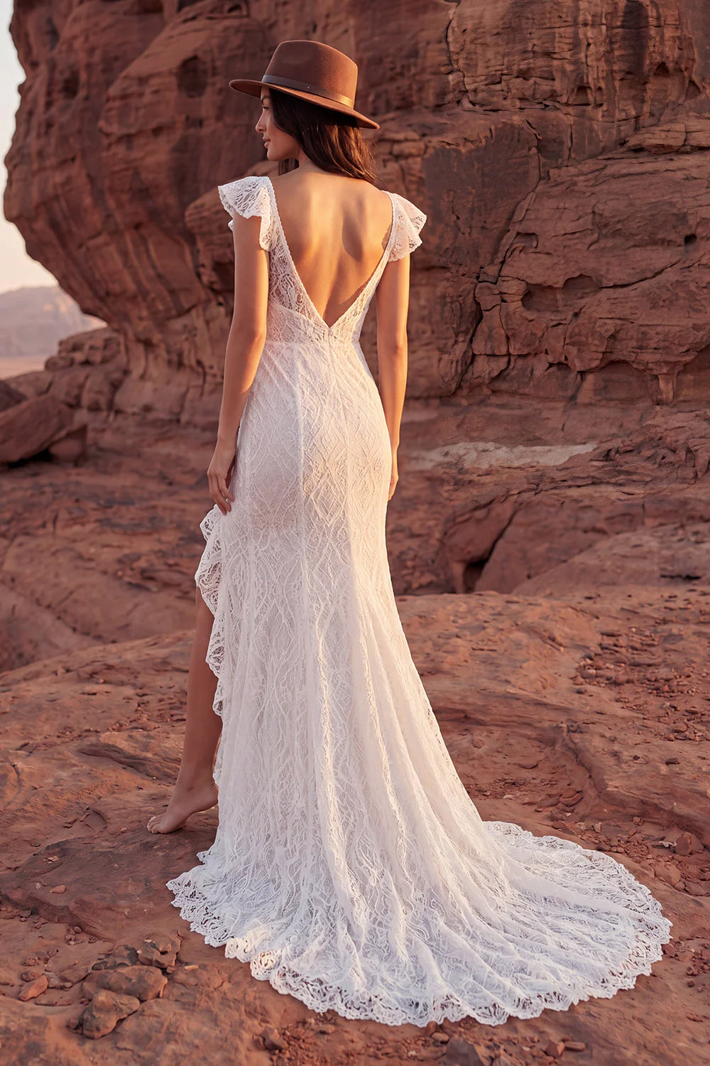 Ivory Mermaid Lace Flutter Sleeves Boho Wedding Dress with Ruffle Slit - Image 2