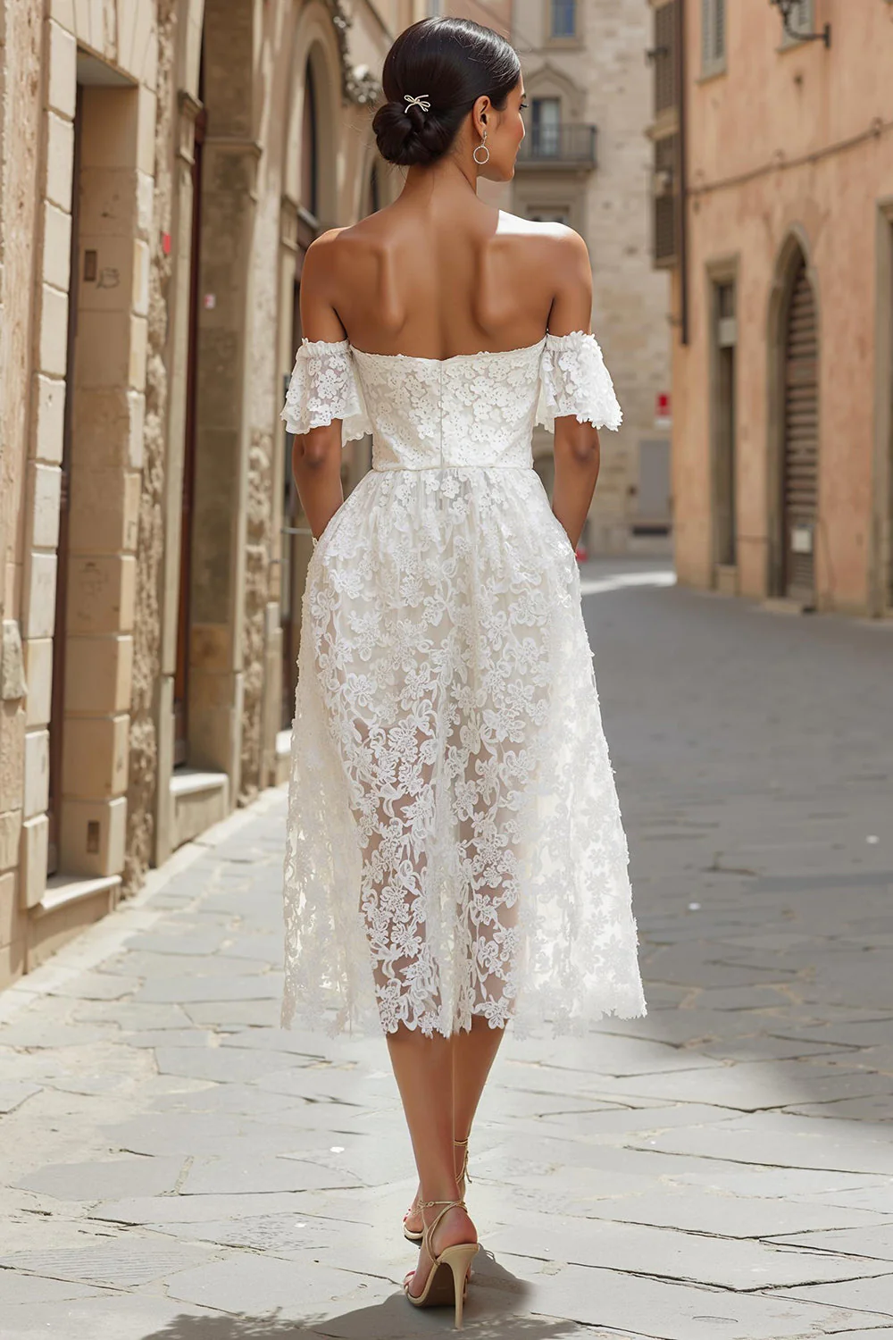 Ivory Lace Off the Shoulder Midi Wedding Dress - Image 2