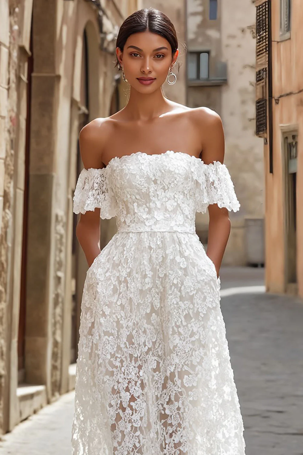 Ivory Lace Off the Shoulder Midi Wedding Dress - Image 3