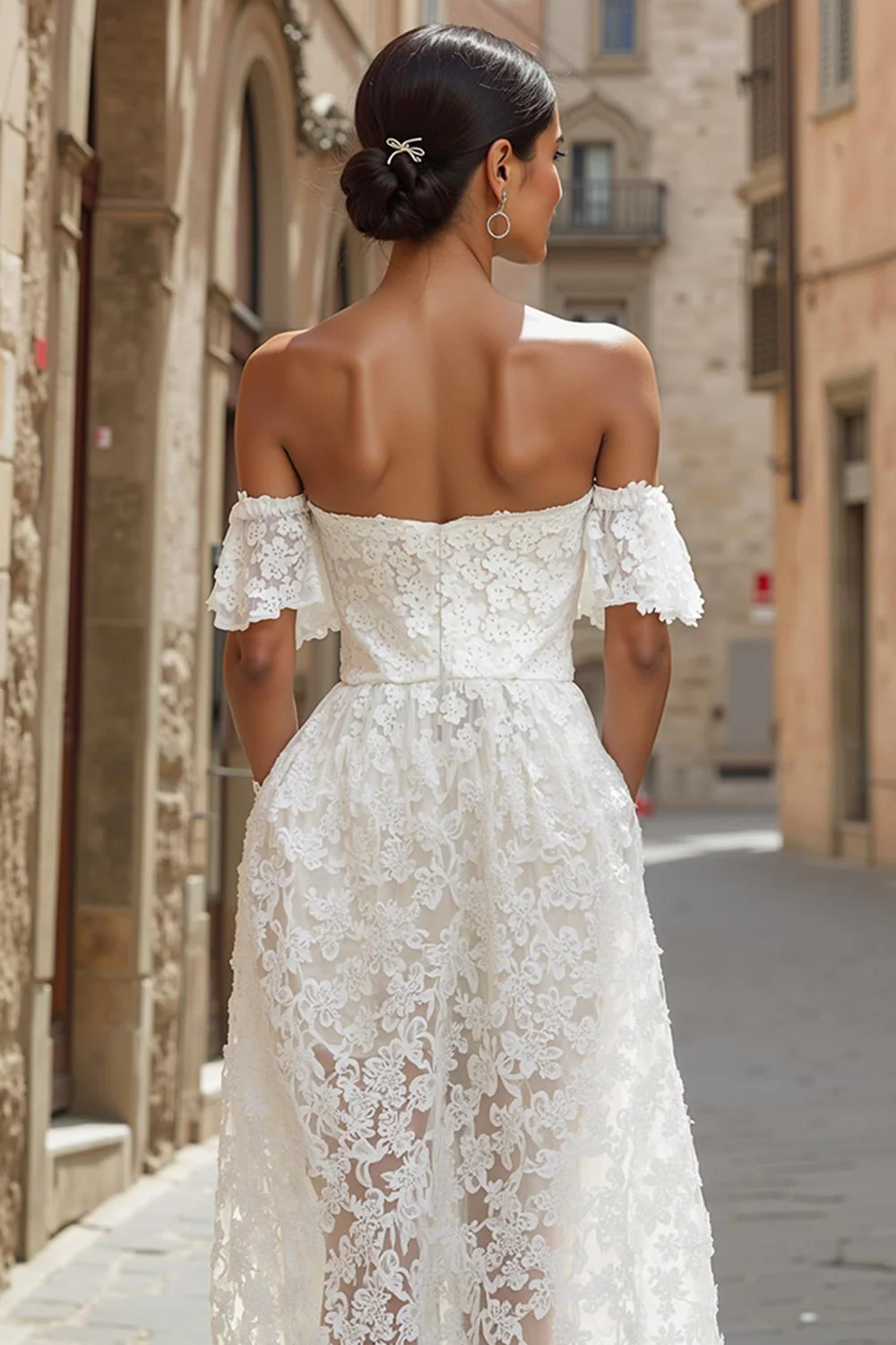 Ivory Lace Off the Shoulder Midi Wedding Dress - Image 4