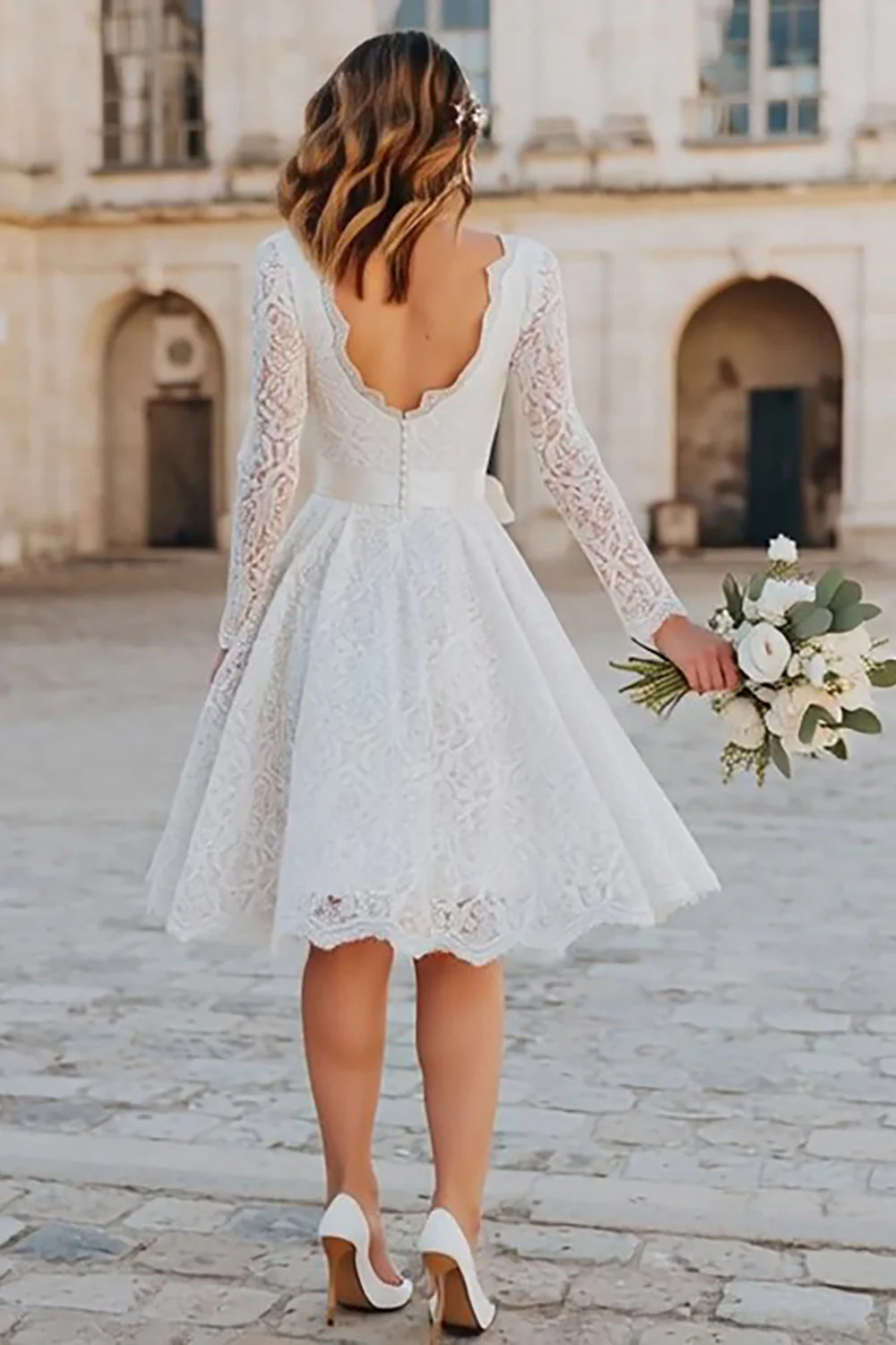 Ivory Lace V Neck A Line Midi Engagement Dress with Bow - Image 2