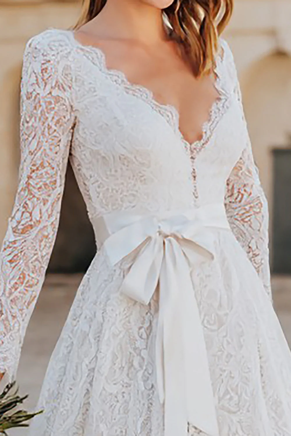 Ivory Lace V Neck A Line Midi Engagement Dress with Bow - Image 3