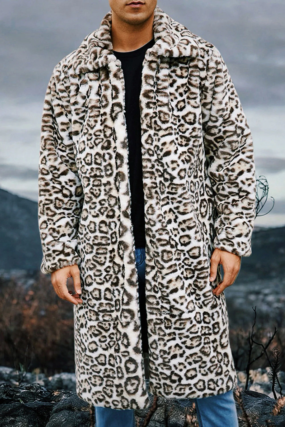 Ivory Leopard Faux Fur Warmth Long Men's Coat with Pockets - Image 2