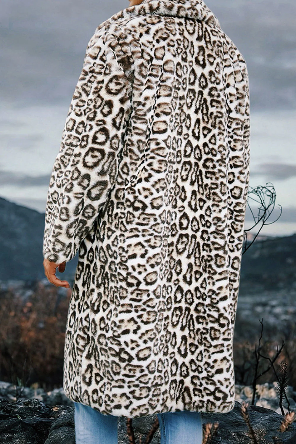 Ivory Leopard Faux Fur Warmth Long Men's Coat with Pockets - Image 3