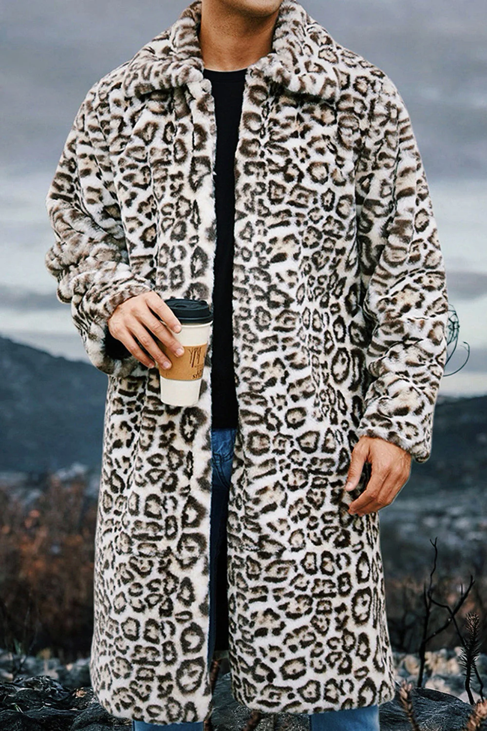 Ivory Leopard Faux Fur Warmth Long Men's Coat with Pockets - Image 4