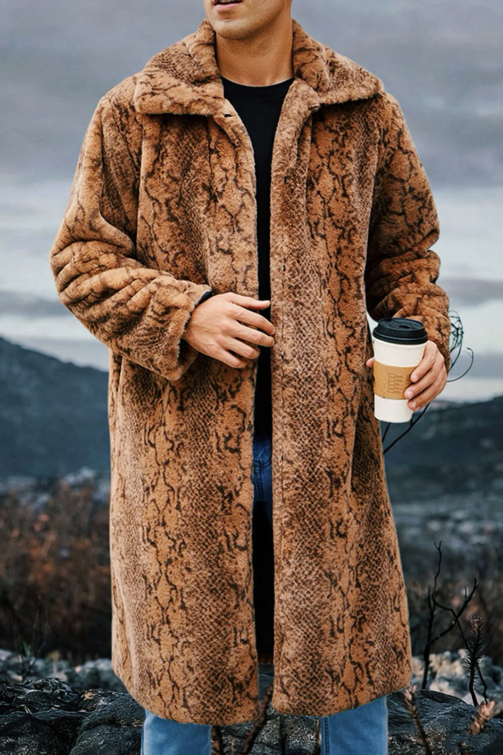 Ivory Leopard Faux Fur Warmth Long Men's Coat with Pockets - Image 7