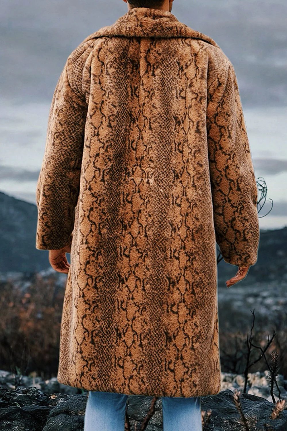 Ivory Leopard Faux Fur Warmth Long Men's Coat with Pockets - Image 8